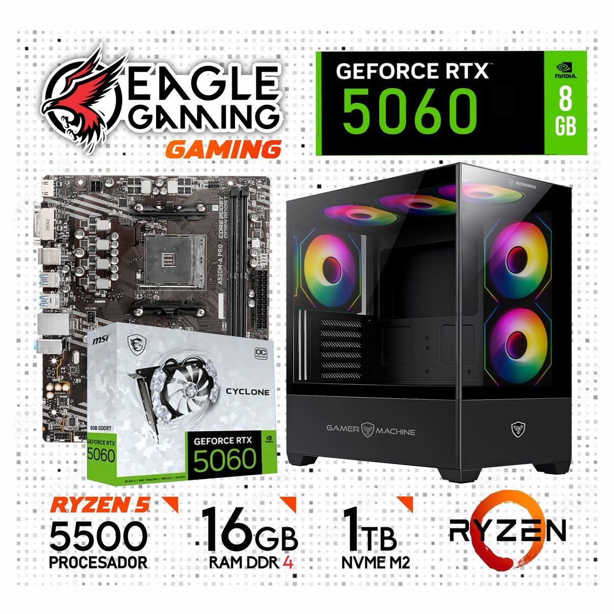AMD - Computadora PC Gamer AMD RYZEN 5 5500 RAM 16GB SSD 1TB RTX 5060 8GB