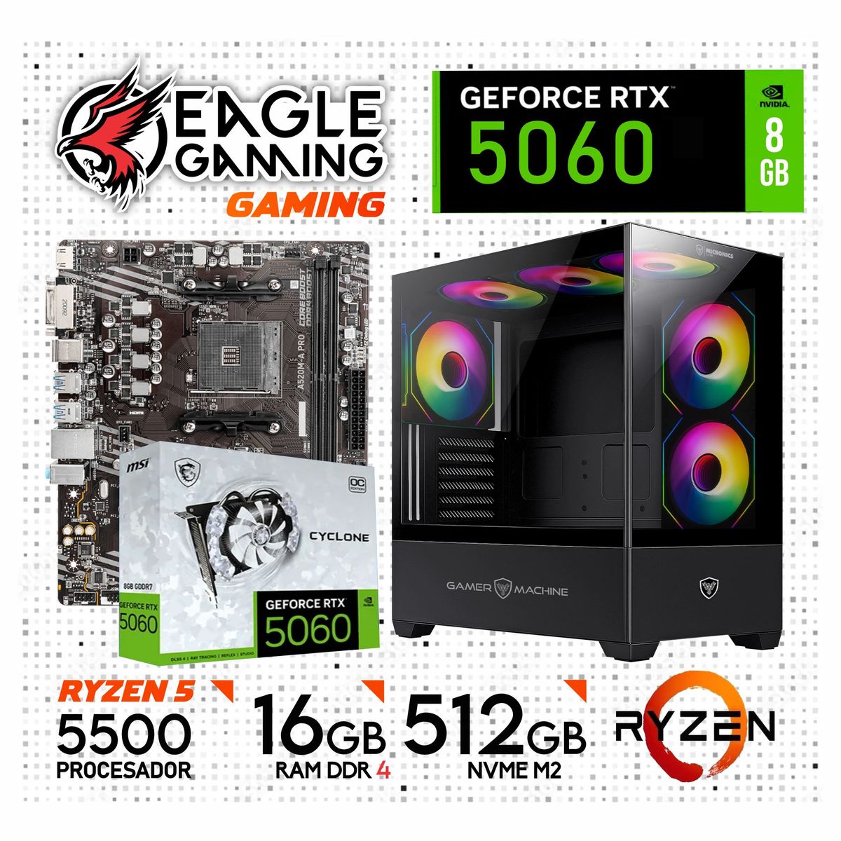 AMD - Computadora PC Gamer AMD RYZEN 5 5500 RAM 16GB SSD 512GB RTX 5060 8GB