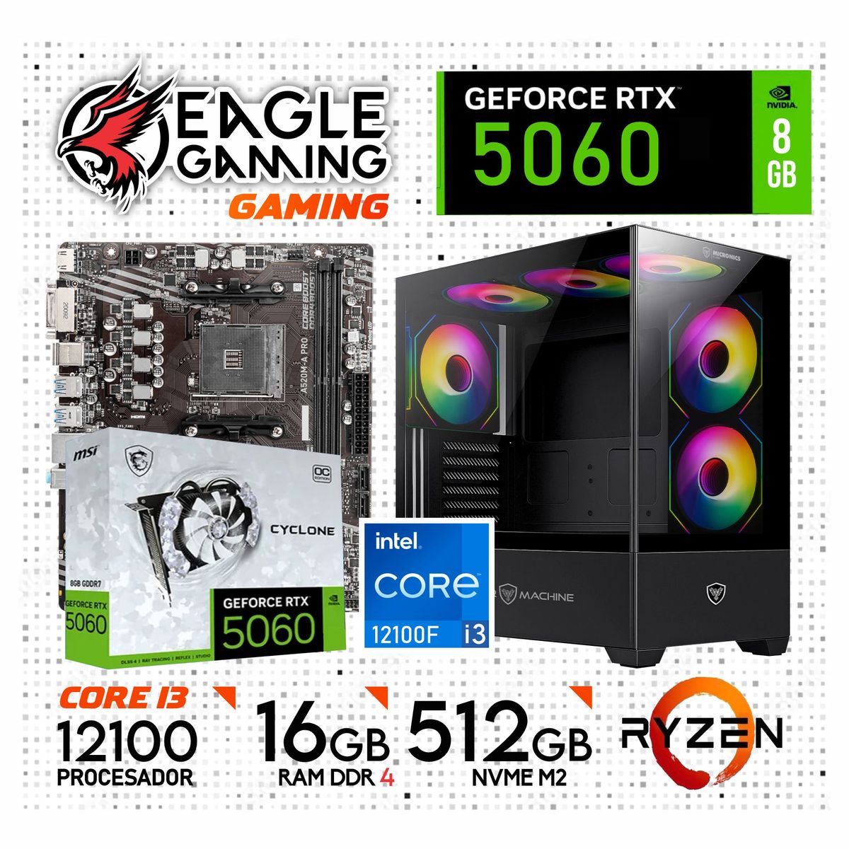INTEL - Computadora PC Gamer Intel Core i3 12100F RAM 16GB SSD 512GB RTX 5060 8GB