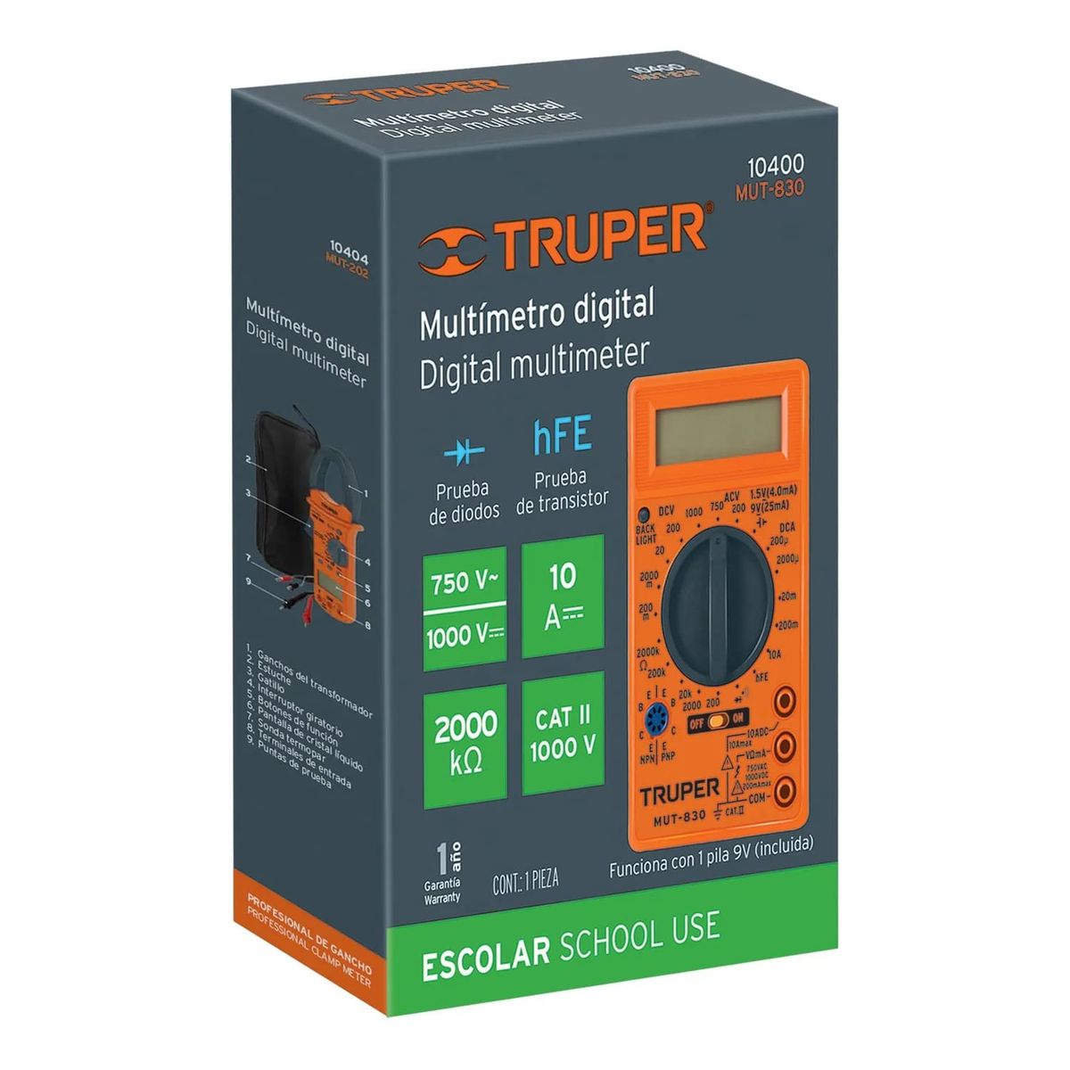 TRUPER - Multímetro Digital 1000V- Incluye Pilas 9V y Probador de Corriente 10400 Truper