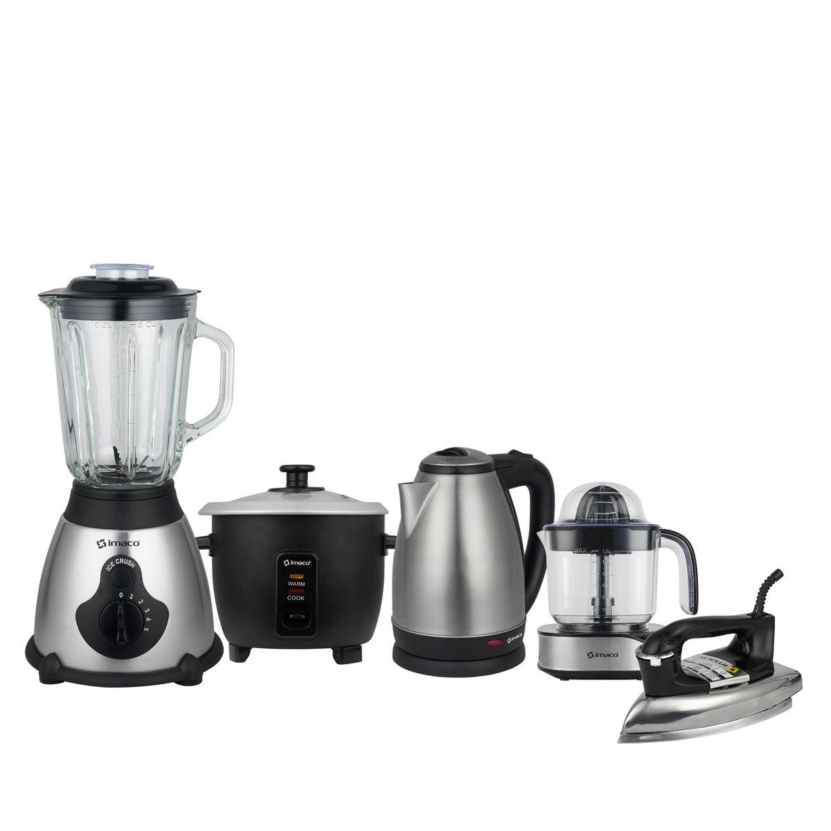 IMACO - Pentacombo Licuadora 1.5L + Olla arrocera 0.6 + Hervidor 1.8lts + Plancha seca pesada + Exprimidor de citricos Imaco