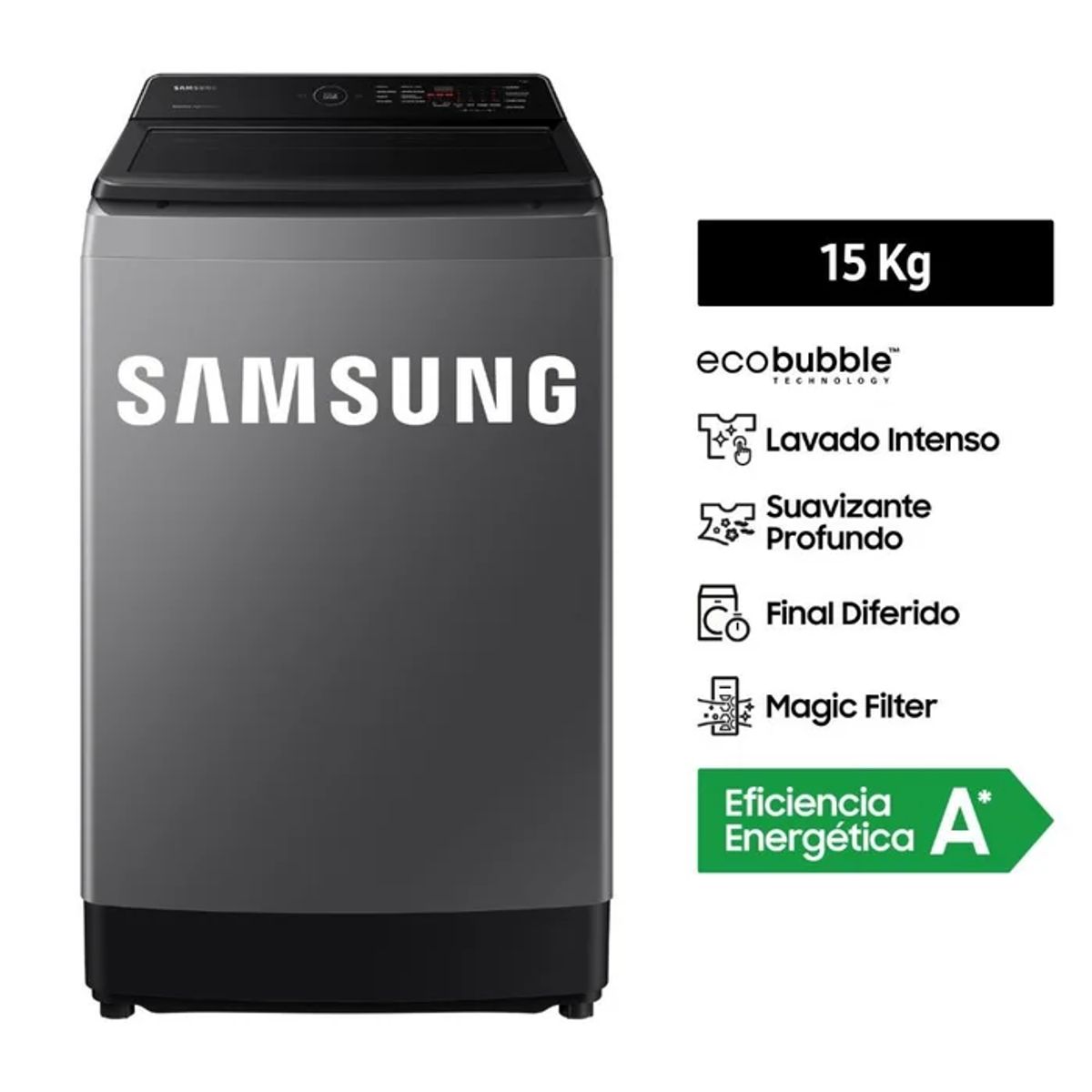 SAMSUNG - Lavadora Samsung WA15CG5441BDPE EcoBubble Carga Superior Gris 15kg