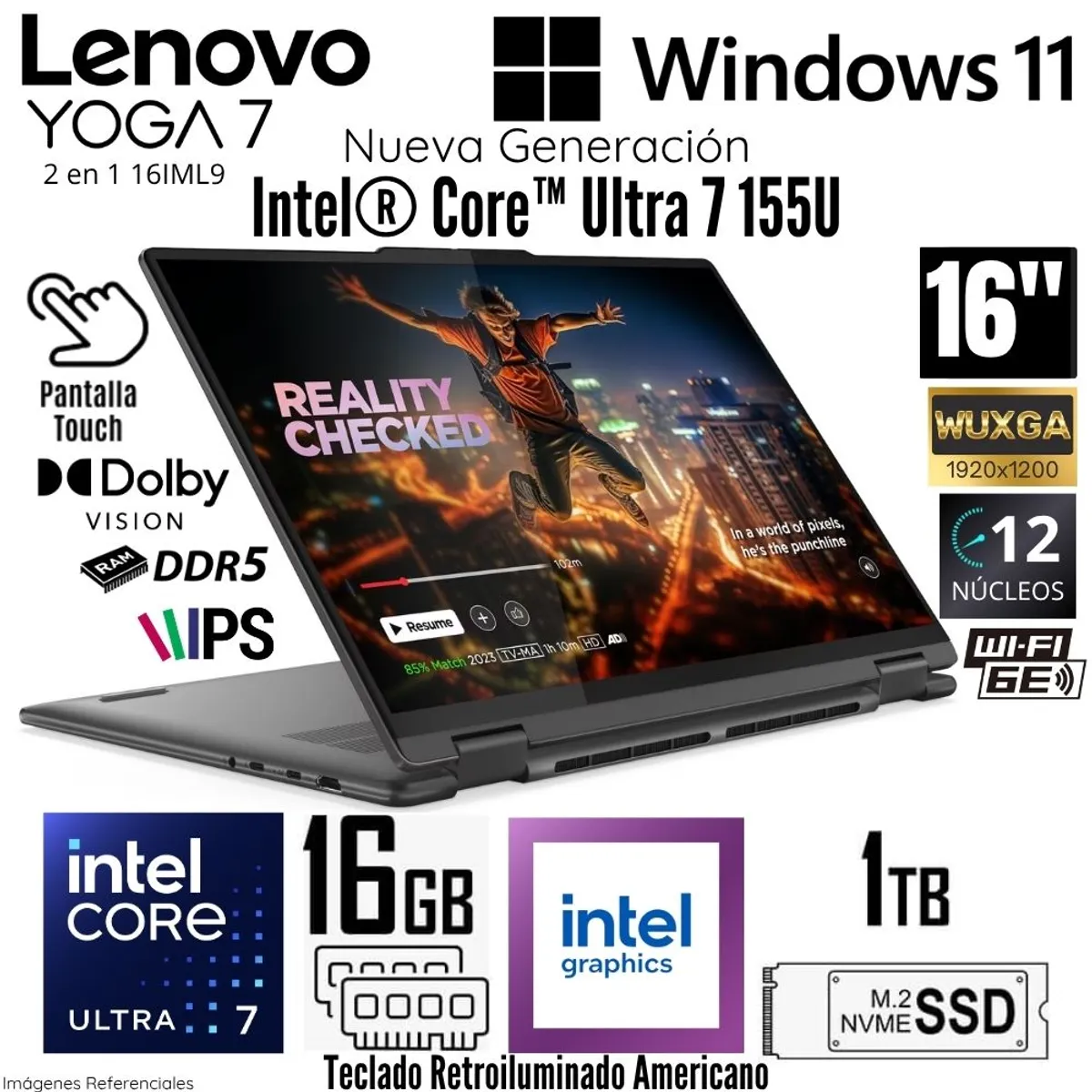 LENOVO - Laptop Lenovo Yoga 7 2 en 1 16IML9  Intel Core Ultra 7 155U 16 GB DDR5 RAM 1TB SSD 16"  WUXGA Táctil