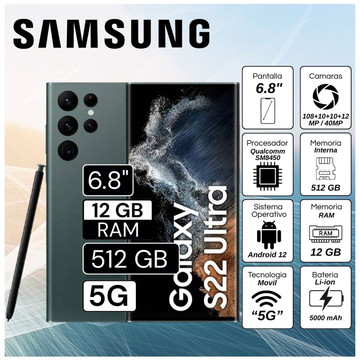 SAMSUNG - Celular Samsung Galaxy S22 Ultra 5G 6.8"  Pulg. 12GB RAM 512GB Android 12 - Verde
