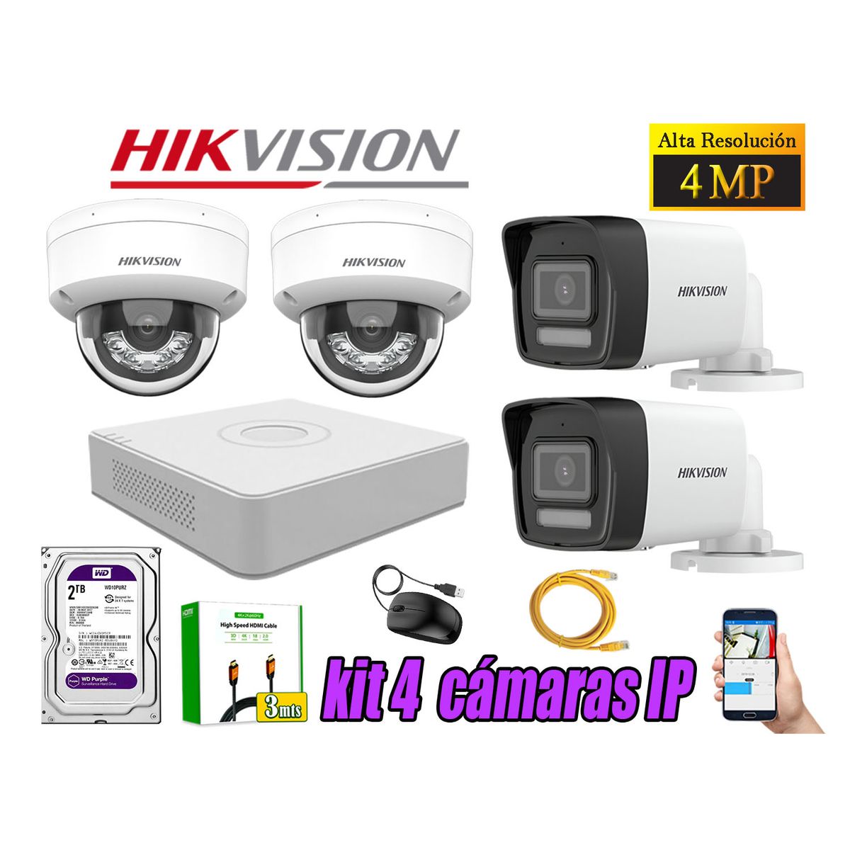 HIKVISION - Kit 4 Cámara Seguridad Hikvision IP POE 4MP Audio Incorporado HDMI 3M Disco 2TB
