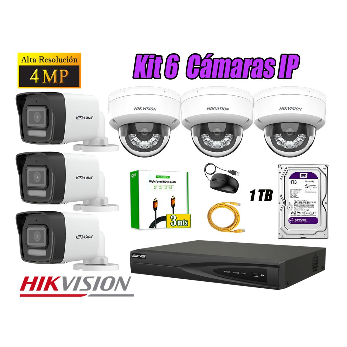 HIKVISION - Kit 6 Cámara Seguridad Hikvision IP POE 4MP Audio Incorporado HDMI 3M Disco 1TB