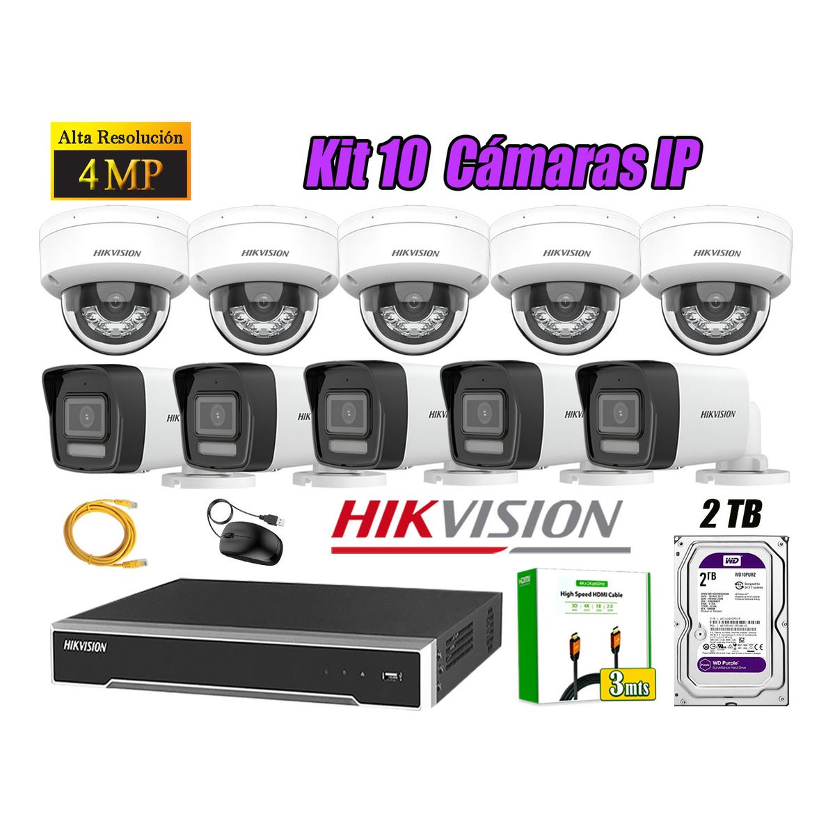 HIKVISION - Kit 10 Cámara Seguridad Hikvision IP POE 4MP Audio Incorporado HDMI 3M Disco 2TB