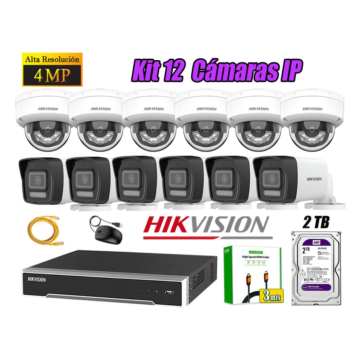 HIKVISION - Kit 12 Cámara Seguridad Hikvision IP POE 4MP Audio Incorporado HDMI 3M Disco 2TB