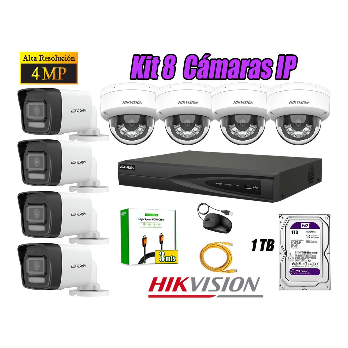 HIKVISION - Kit 8 Cámara Seguridad Hikvision IP POE 4MP Audio Incorporado HDMI 3M Disco 1TB