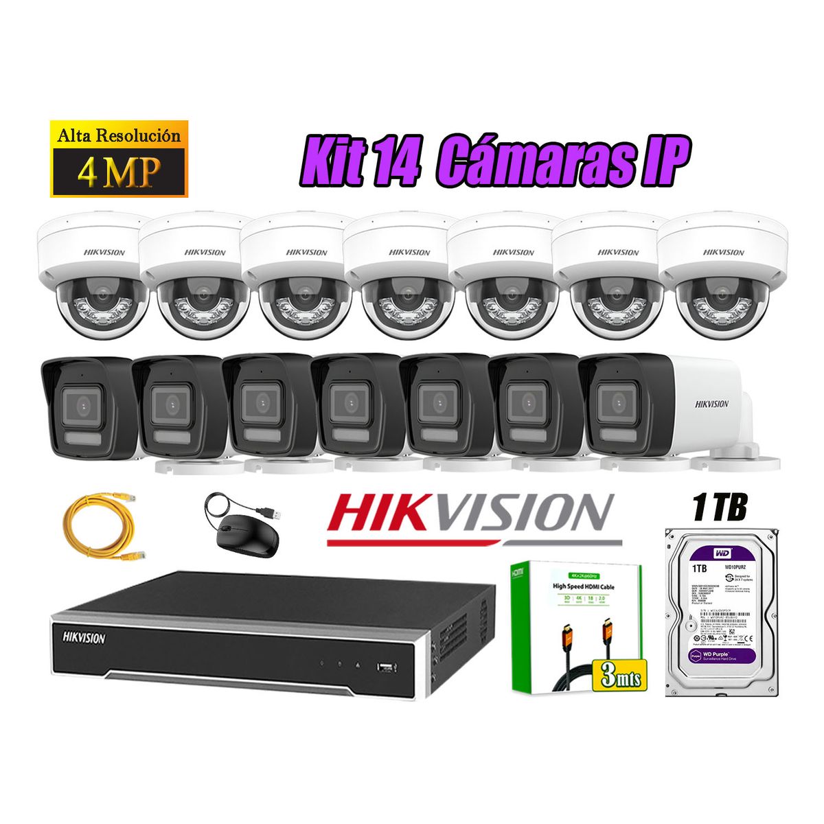 HIKVISION - Kit 14 Cámara Seguridad Hikvision IP POE 4MP Audio Incorporado HDMI 3M Disco 1TB