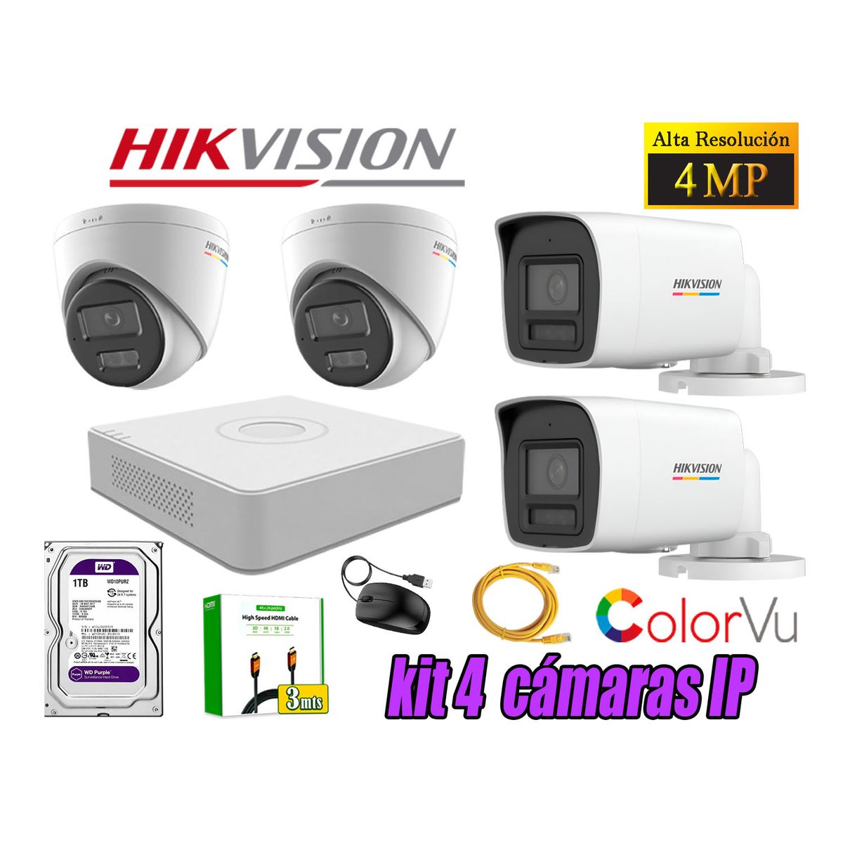 HIKVISION - Kit 4 Cámara Seguridad Hikvision IP POE 4MP Color Vu Audio Luz Inteligente 1TB WD