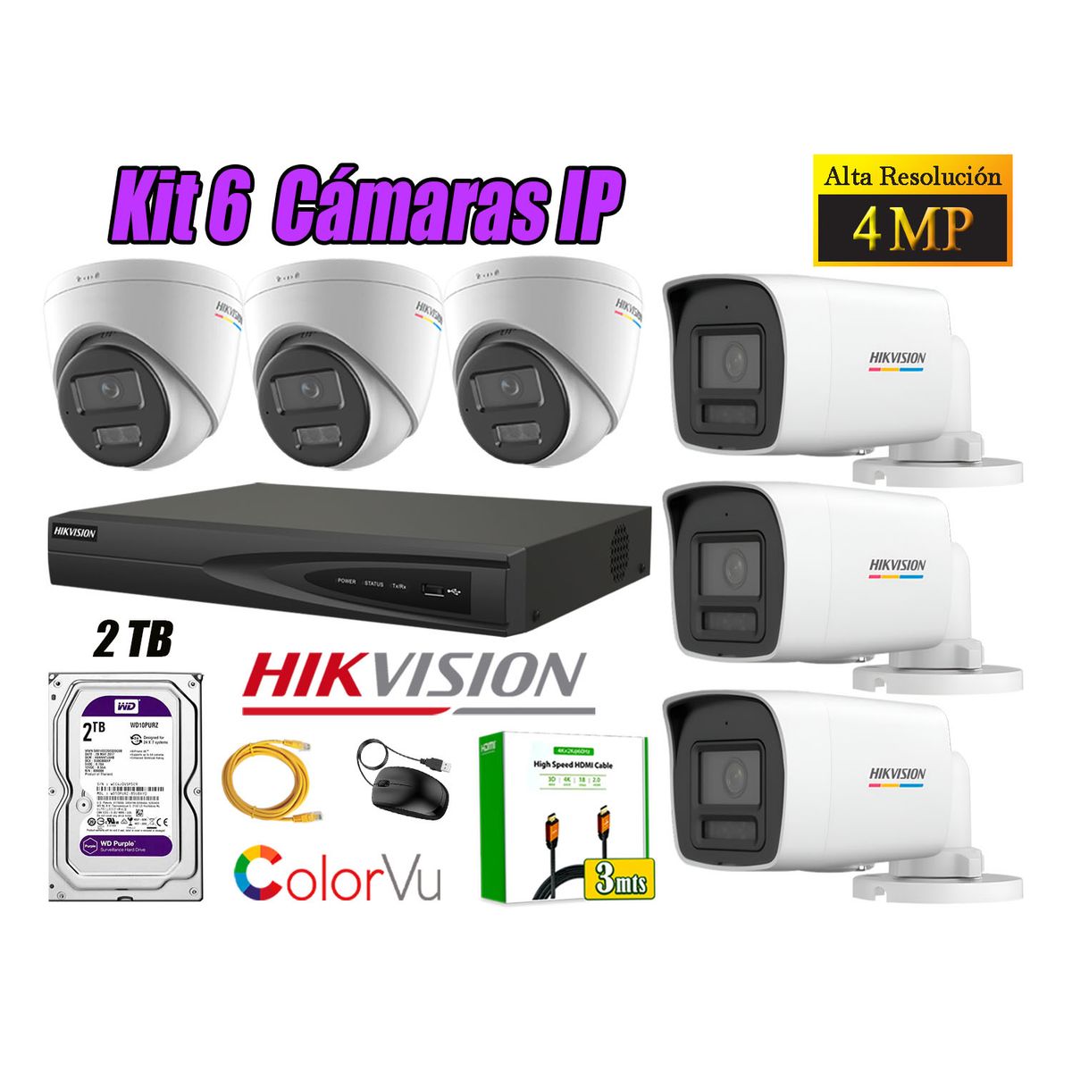 HIKVISION - Kit 6 Cámara Seguridad Hikvision IP POE 4MP Color Vu Audio Luz Inteligente 2TB WD