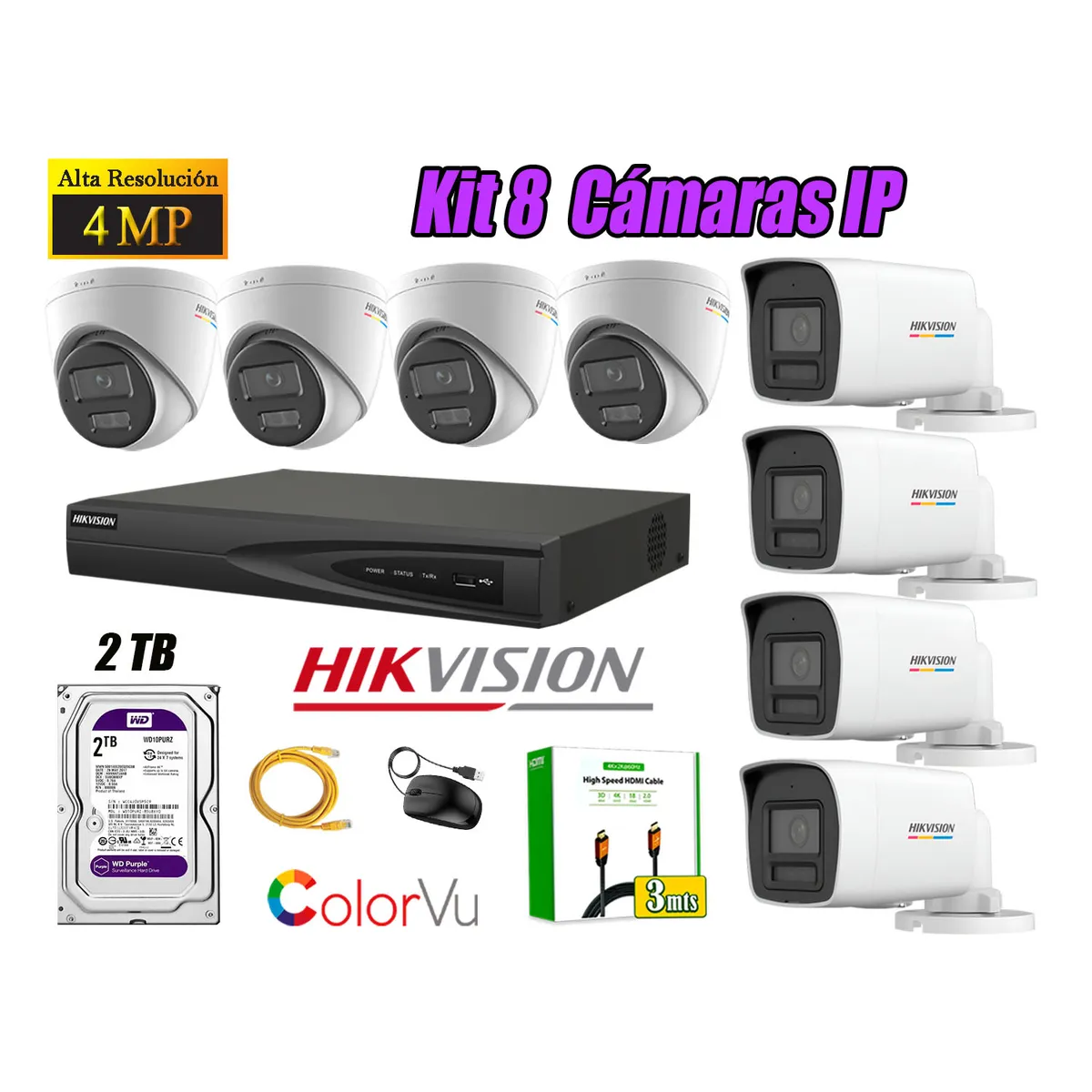 HIKVISION - Kit 8 Cámara Seguridad Hikvision IP POE 4MP Color Vu Audio Luz Inteligente 2TB WD