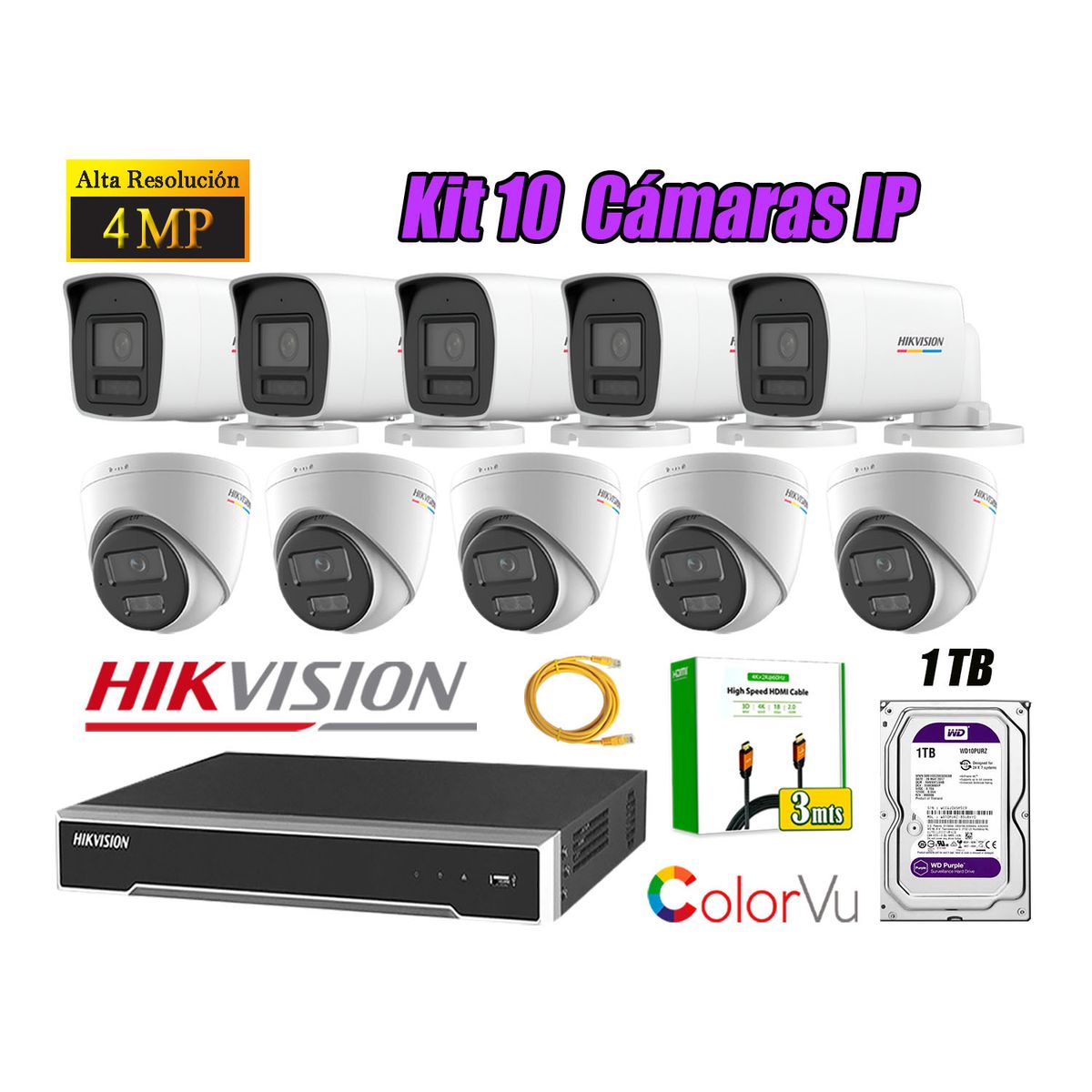 HIKVISION - Kit 10 Cámara Seguridad Hikvision IP POE 4MP Color Vu Audio Luz Inteligente 1TB WD