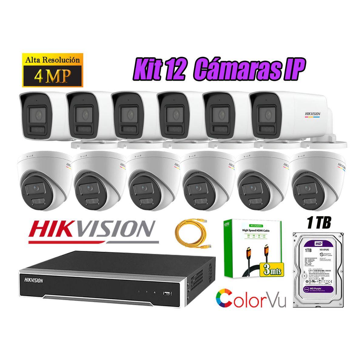 HIKVISION - Kit 12 Cámara Seguridad Hikvision IP POE 4MP Color Vu Audio Luz Inteligente 1TB WD