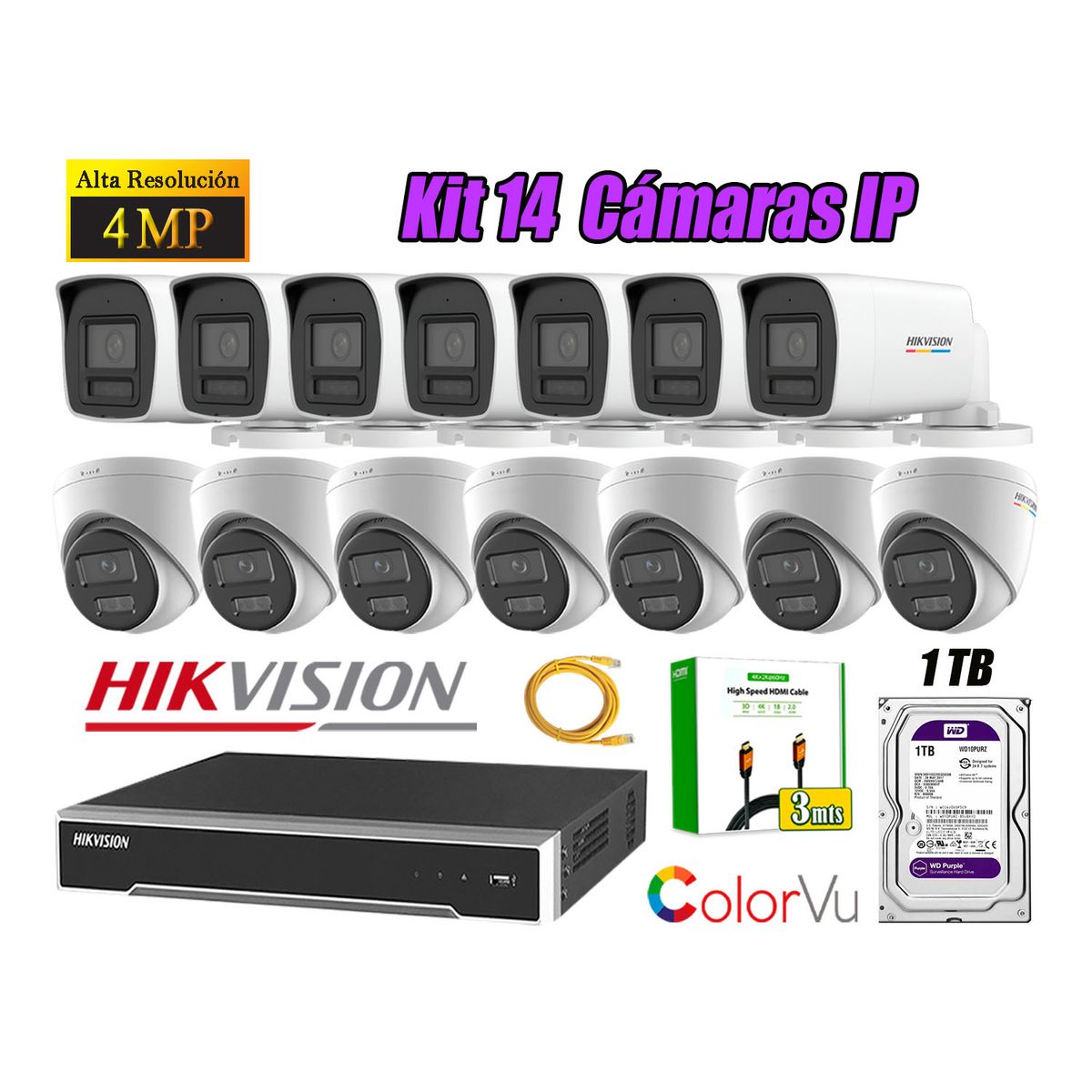 HIKVISION - Kit 14 Cámara Seguridad Hikvision IP POE 4MP Color Vu Audio Luz Inteligente 1TB WD