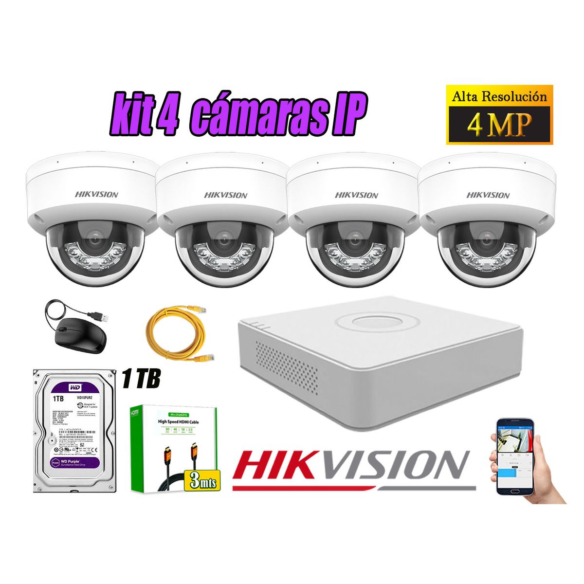 HIKVISION - Kit 4 Cámara Seguridad Hikvision IP POE 4MP Domo Audio Antivandálico Disco 1TB