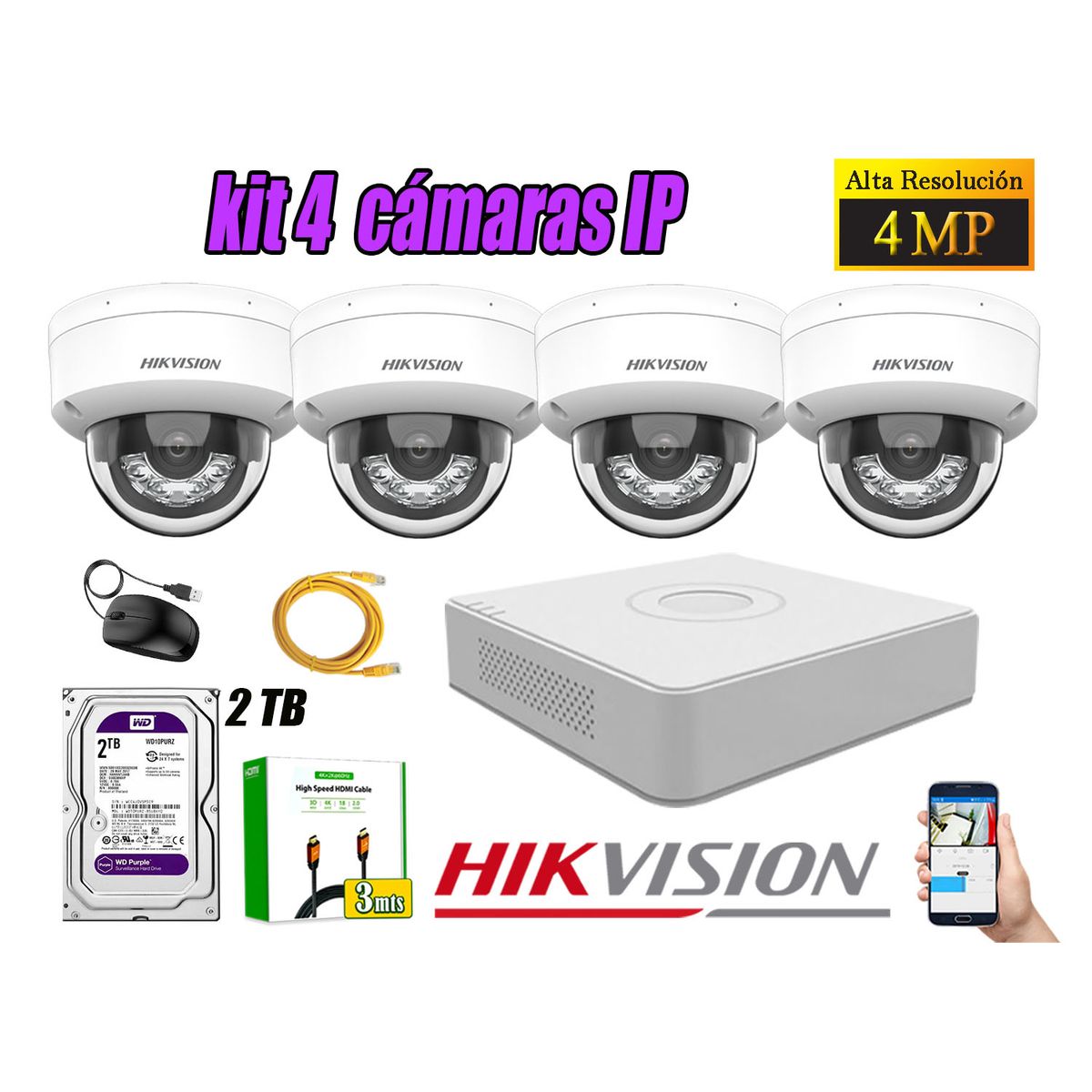 HIKVISION - Kit 4 Cámara Seguridad Hikvision IP POE 4MP Domo Audio Antivandálico Disco 2TB