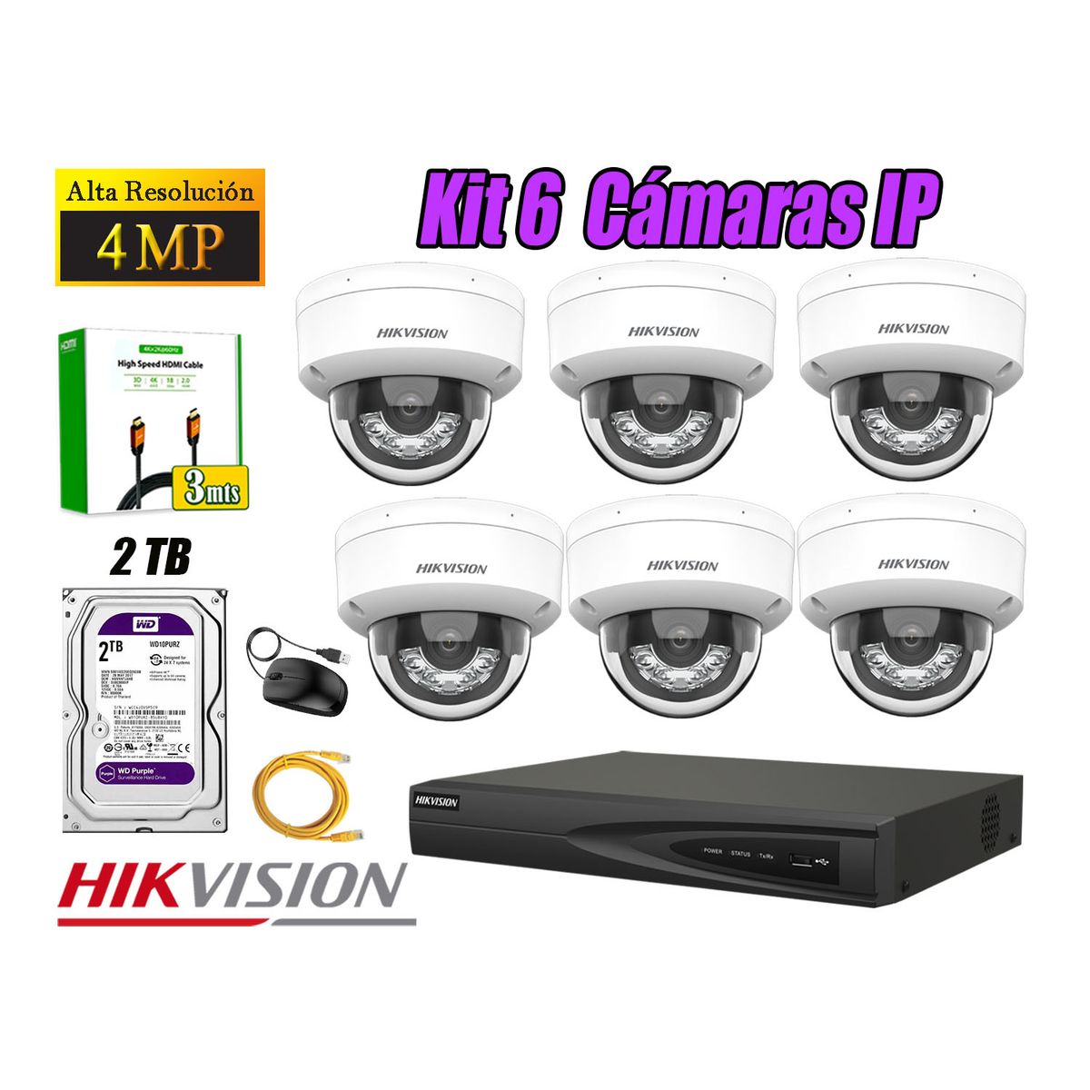 HIKVISION - Kit 6 Cámara Seguridad Hikvision IP POE 4MP Domo Audio Antivandálico Disco 2TB