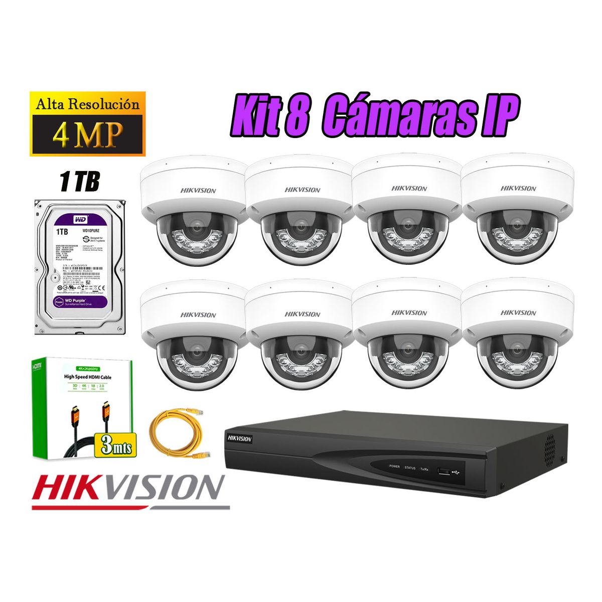 HIKVISION - Kit 8 Cámara Seguridad Hikvision IP POE 4MP Domo Audio Antivandálico Disco 1TB