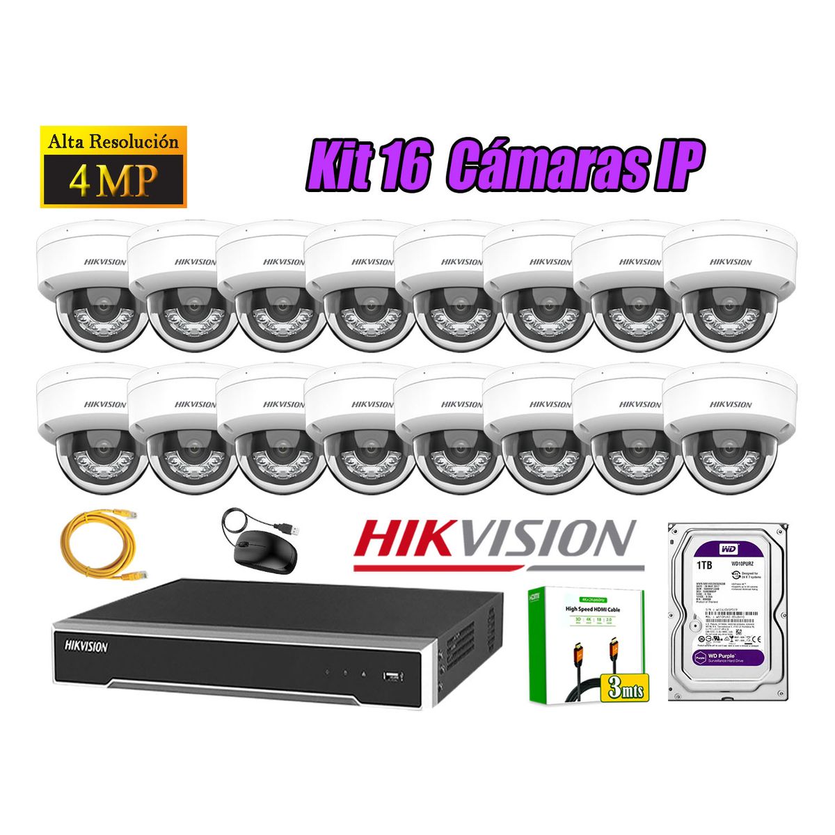 HIKVISION - Kit 16 Cámara Seguridad Hikvision IP POE 4MP Domo Audio Antivandálico Disco 1TB