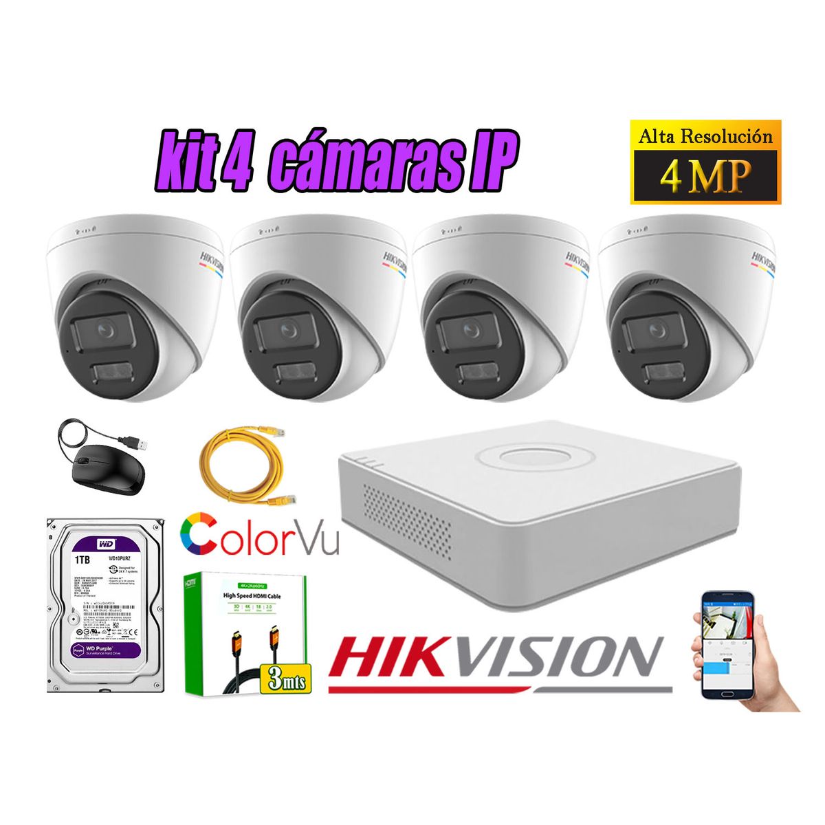 HIKVISION - Kit 4 Cámara Seguridad Hikvision IP POE 4MP Color Vu Domo Visión Color Disco 1TB