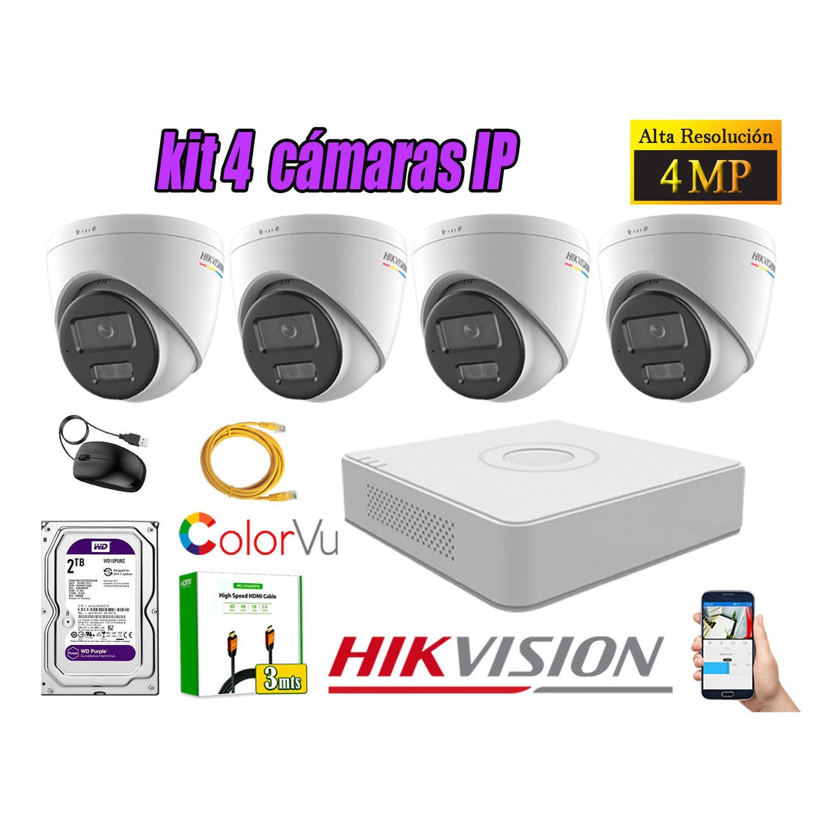 HIKVISION - Kit 4 Cámara Seguridad Hikvision IP POE 4MP Color Vu Domo Visión Color Disco 2TB