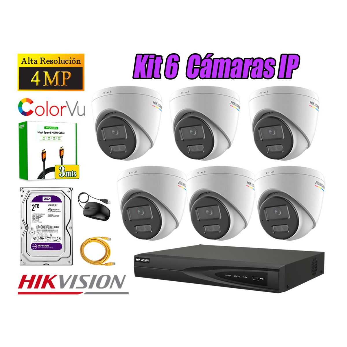 HIKVISION - Kit 6 Cámara Seguridad Hikvision IP POE 4MP Color Vu Domo Visión Color Disco 2TB