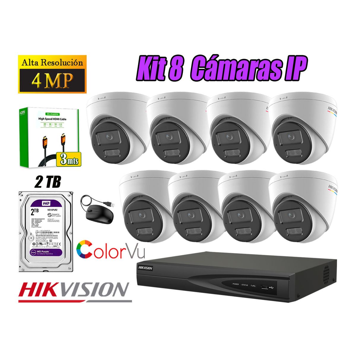 HIKVISION - Kit 8 Cámara Seguridad Hikvision IP POE 4MP Color Vu Domo Visión Color Disco 2TB