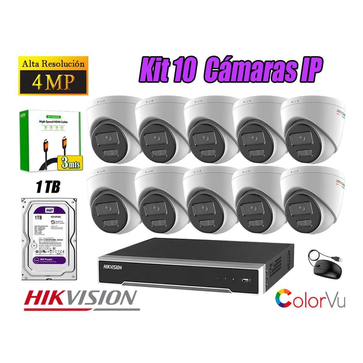 HIKVISION - Kit 10 Cámara Seguridad Hikvision IP POE 4MP Color Vu Domo Visión Color Disco 1TB