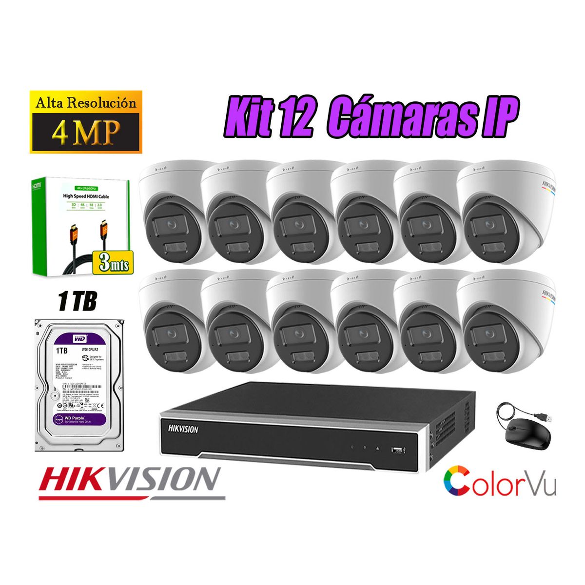 HIKVISION - Kit 12 Cámara Seguridad Hikvision IP POE 4MP Color Vu Domo Visión Color Disco 1TB