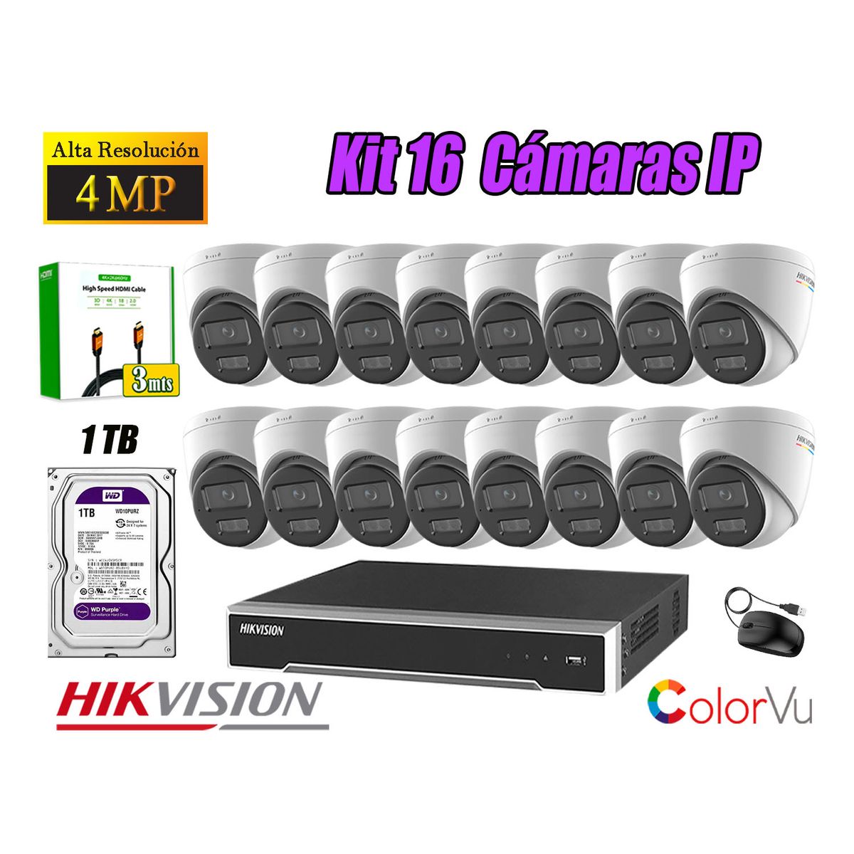 HIKVISION - Kit 16 Cámara Seguridad Hikvision IP POE 4MP Color Vu Domo Visión Color Disco 1TB