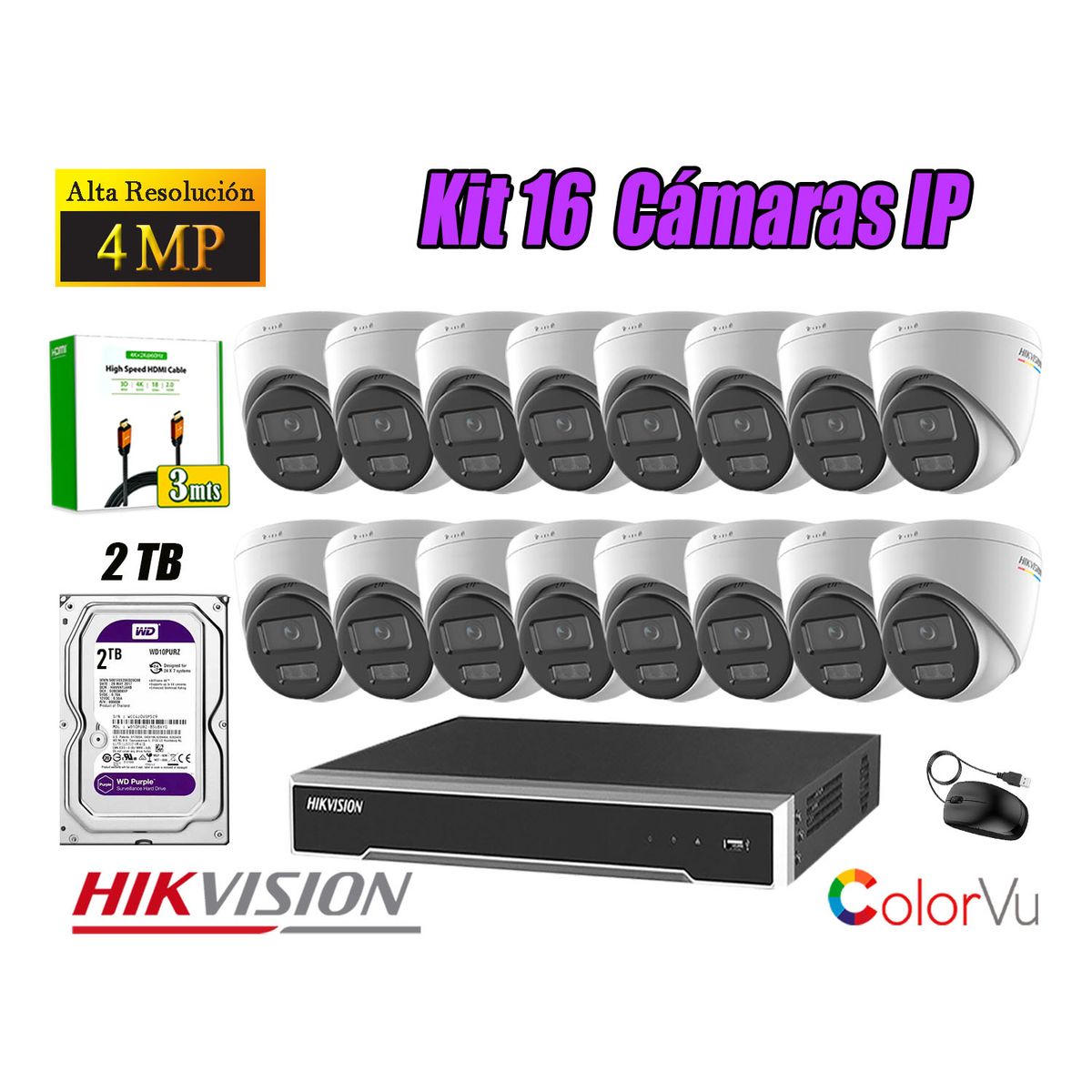 HIKVISION - Kit 16 Cámara Seguridad Hikvision IP POE 4MP Color Vu Domo Visión Color Disco 2TB