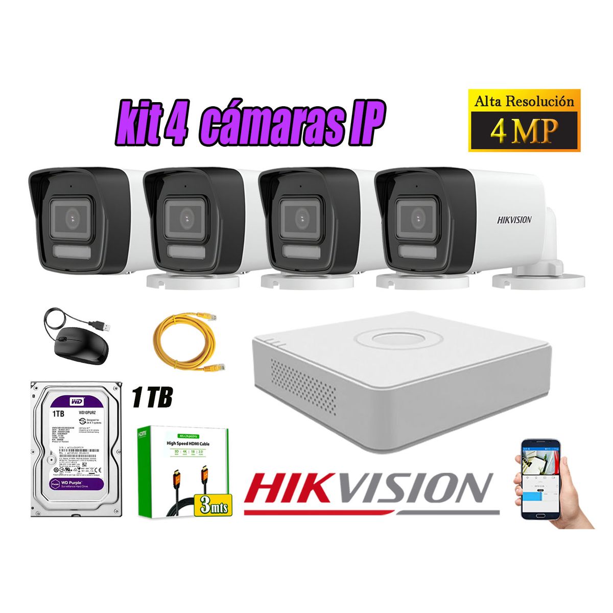 HIKVISION - Kit 4 Cámara Seguridad Hikvision IP POE 4MP Tubo Audio Incorporado Disco 1TB