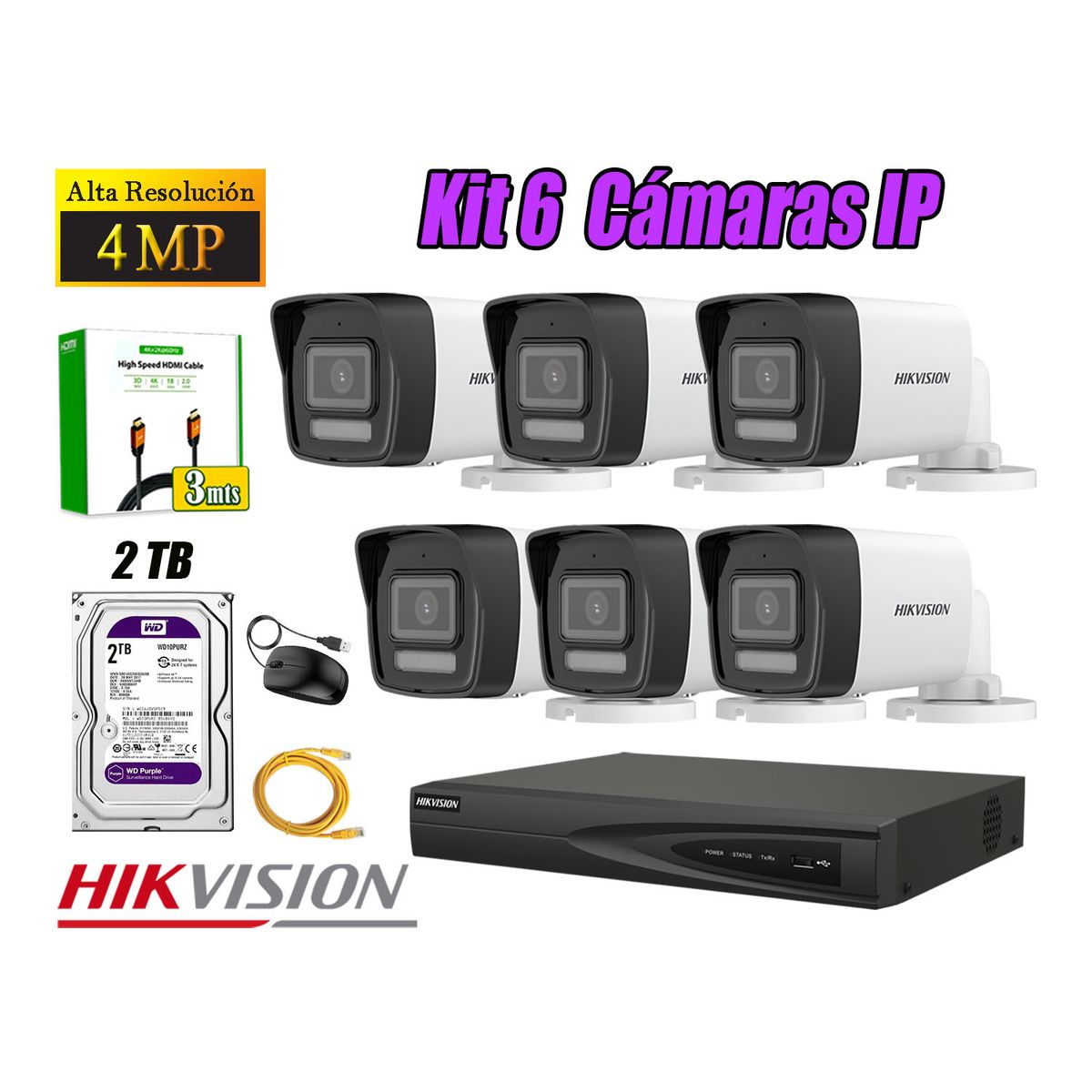 HIKVISION - Kit 6 Cámara Seguridad Hikvision IP POE 4MP Tubo Audio Incorporado Disco 2TB