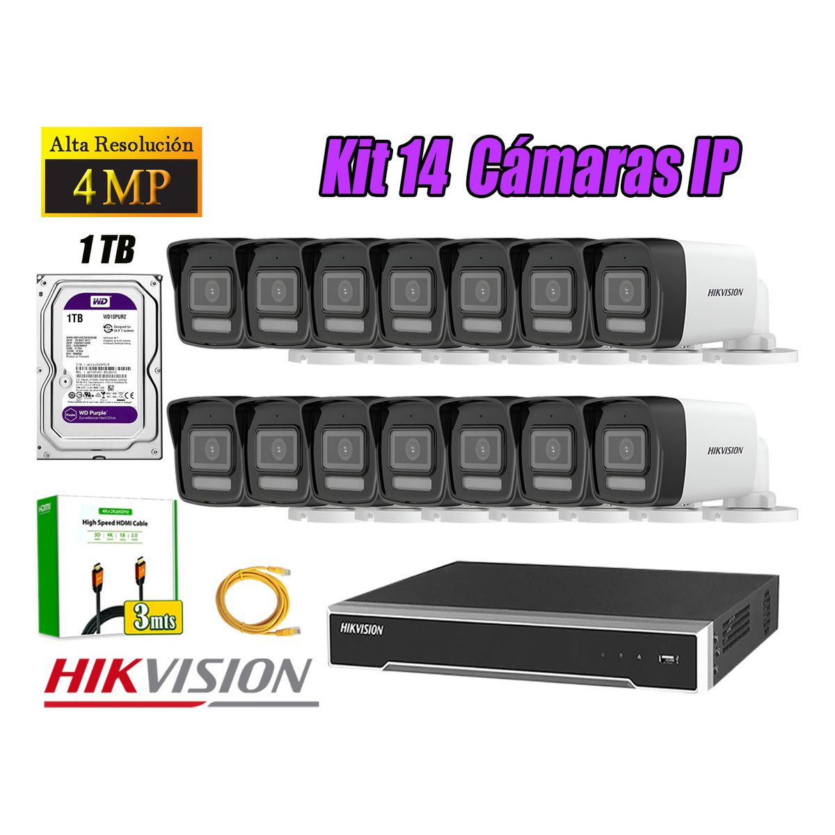 HIKVISION - Kit 14 Cámara Seguridad Hikvision IP POE 4MP Tubo Audio Incorporado Disco 1TB