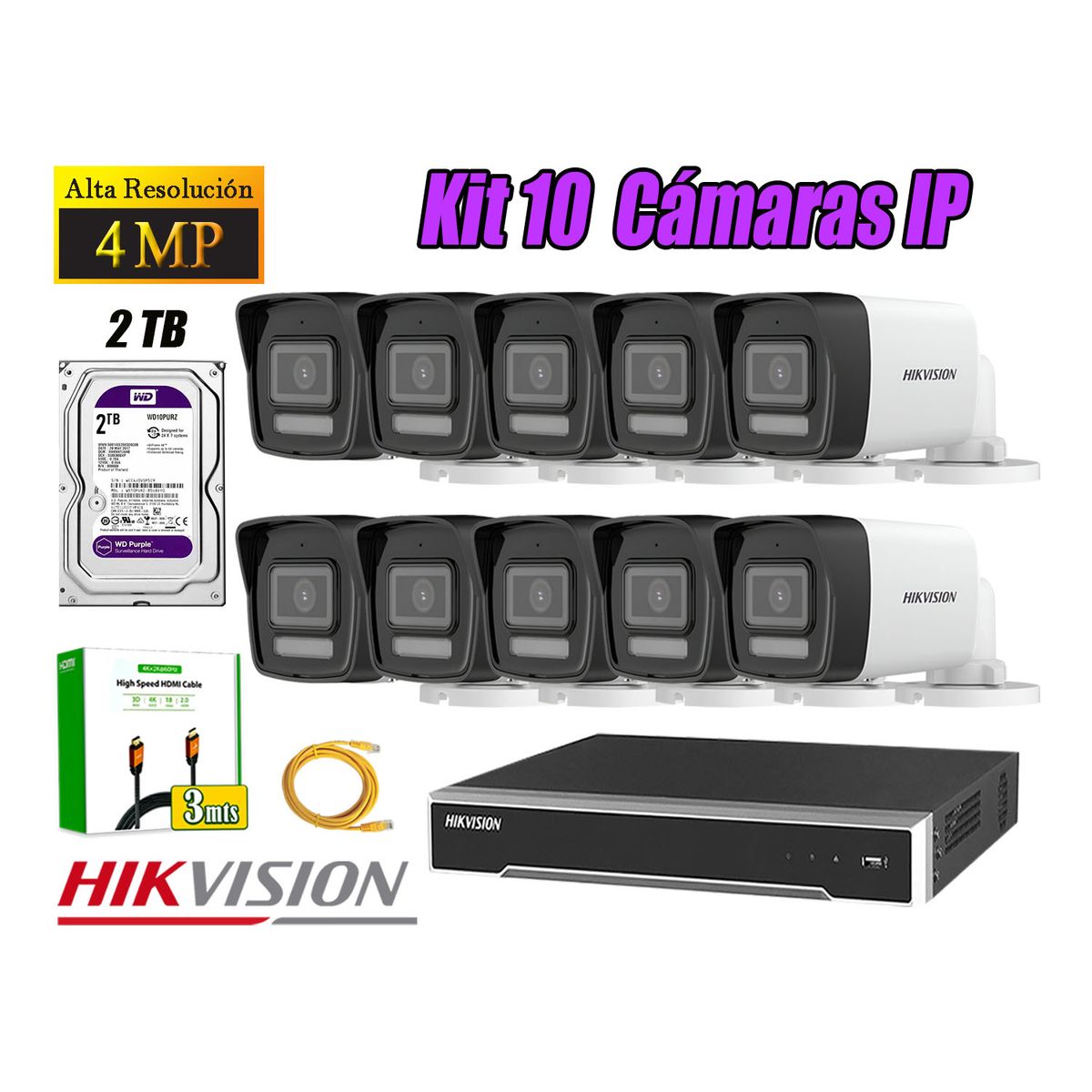 HIKVISION - Kit 10 Cámara Seguridad Hikvision IP POE 4MP Tubo Audio Incorporado Disco 2TB