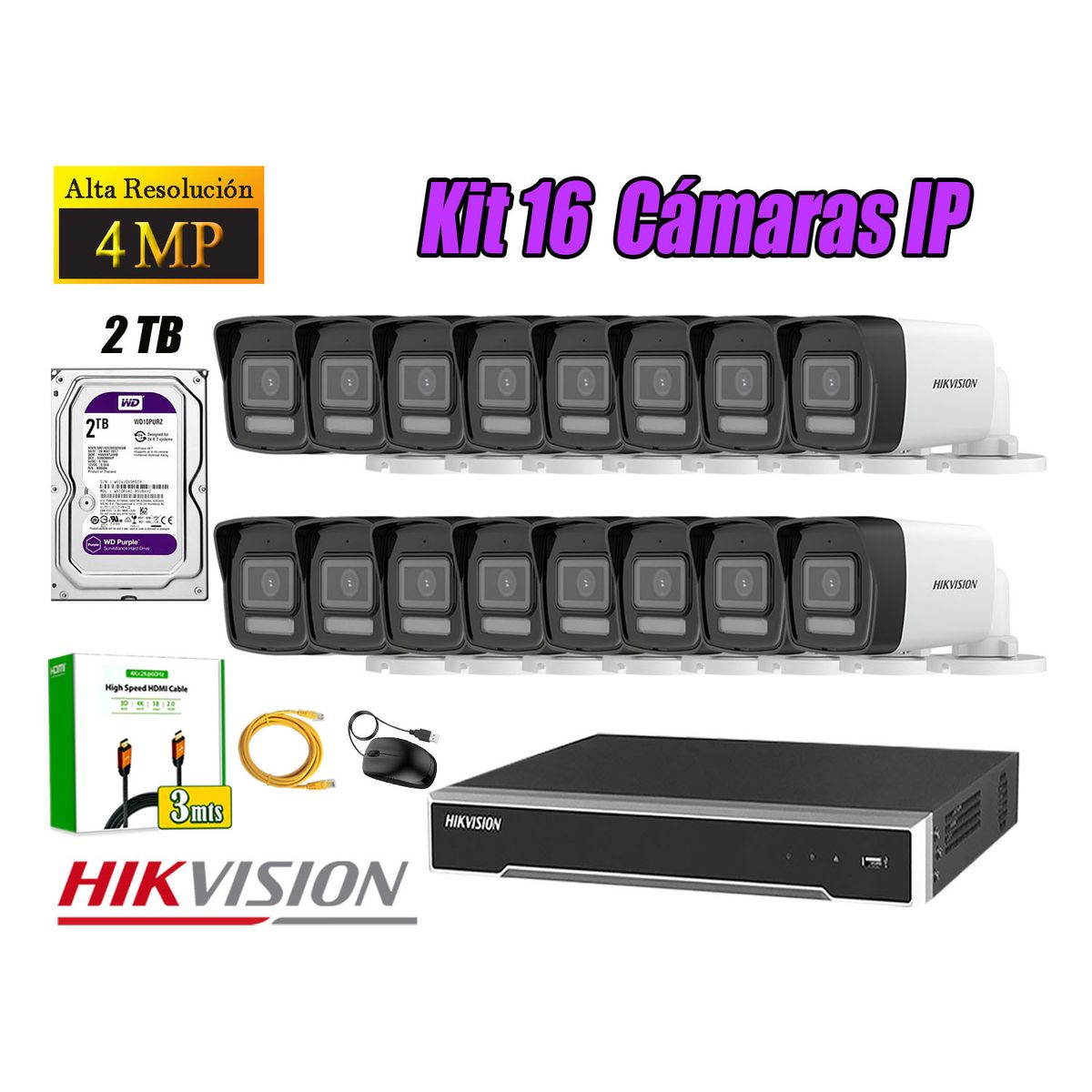 HIKVISION - Kit 16 Cámara Seguridad Hikvision IP POE 4MP Tubo Audio Incorporado Disco 2TB