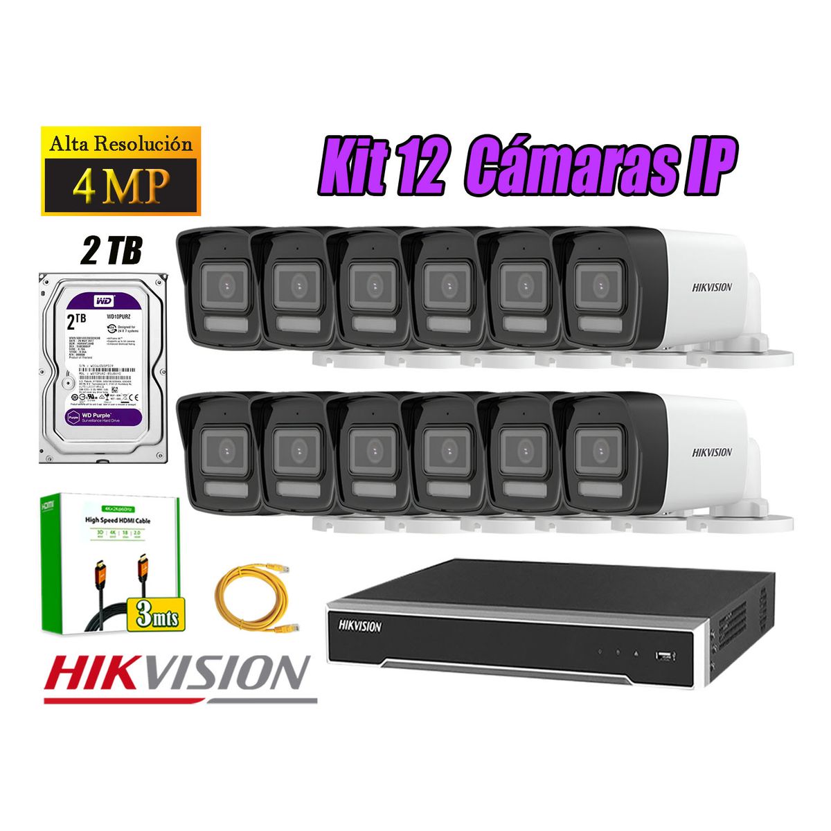 HIKVISION - Kit 12 Cámara Seguridad Hikvision IP POE 4MP Tubo Audio Incorporado Disco 2TB