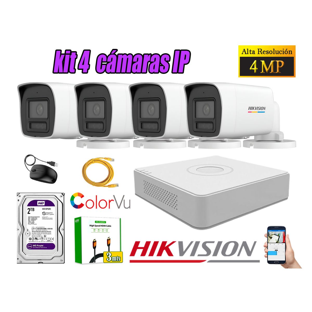 HIKVISION - Kit 4 Cámara Seguridad Hikvision IP POE 4MP Color Vu Tubo Visión Color Disco 2TB