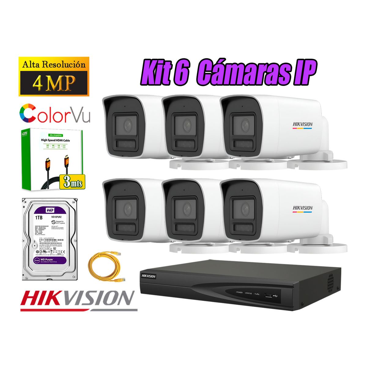 HIKVISION - Kit 6 Cámara Seguridad Hikvision IP POE 4MP Color Vu Tubo Visión Color Disco 1TB
