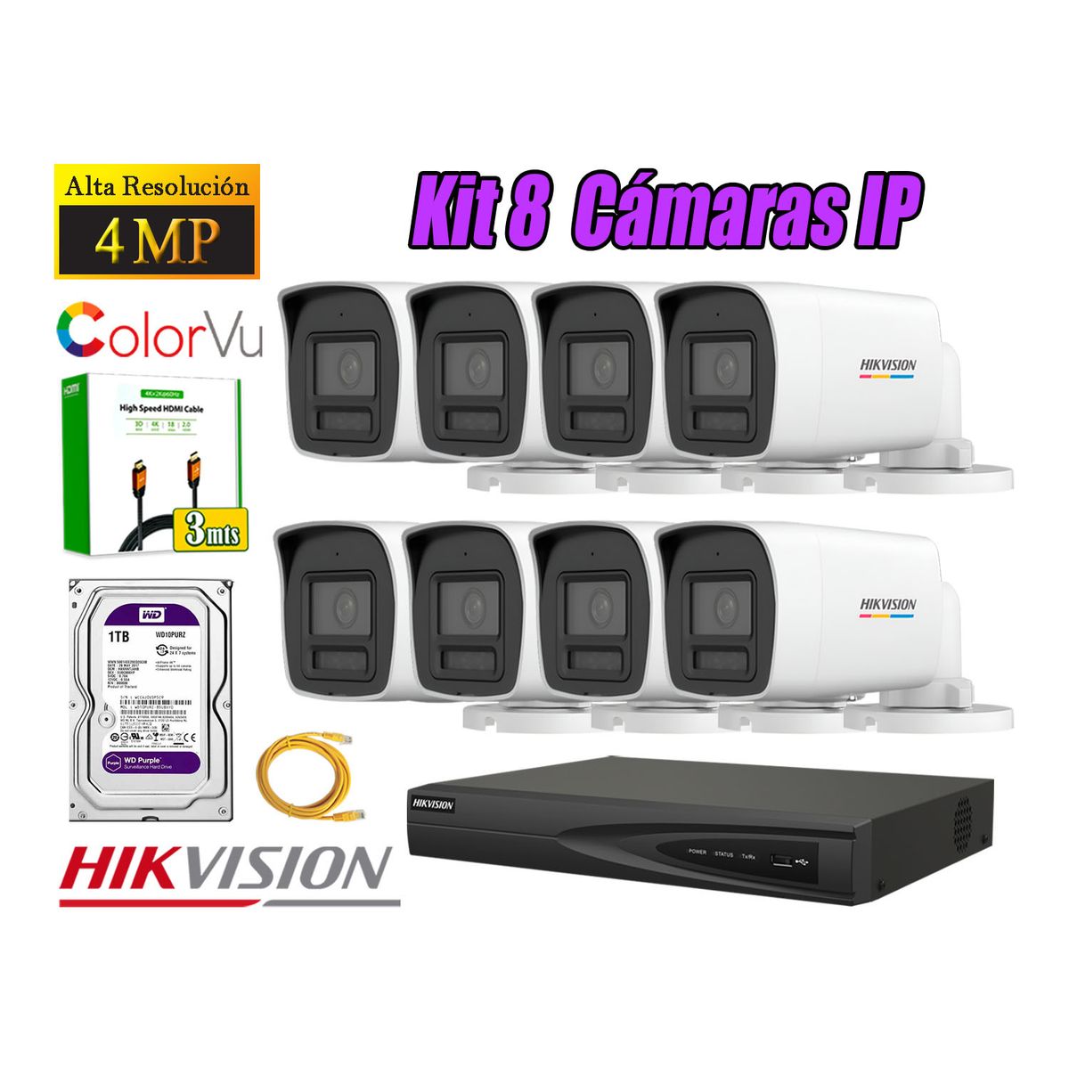 HIKVISION - Kit 8 Cámara Seguridad Hikvision IP POE 4MP Color Vu Tubo Visión Color Disco 1TB