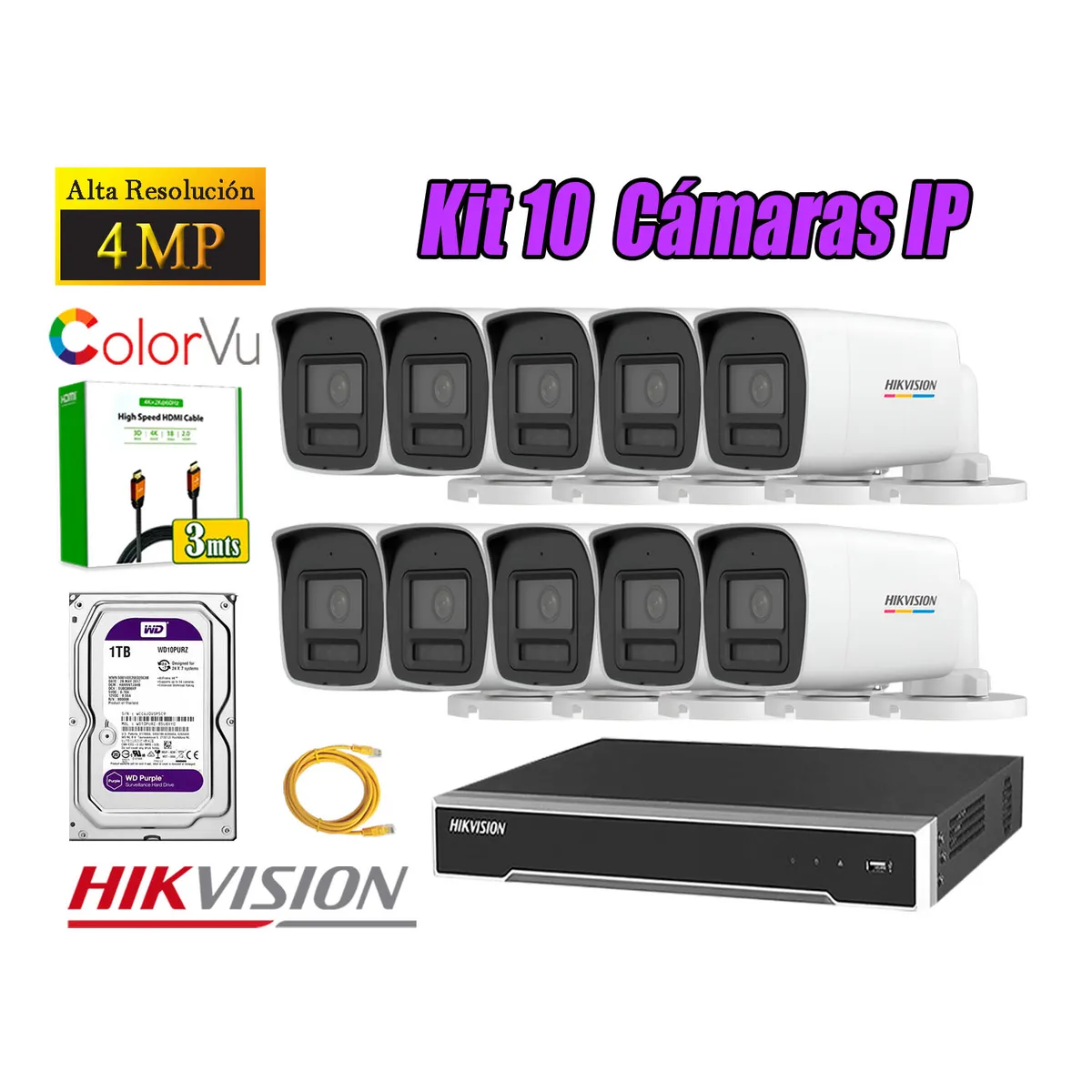 HIKVISION - Kit 10 Cámara Seguridad Hikvision IP POE 4MP Color Vu Tubo Visión Color Disco 1TB