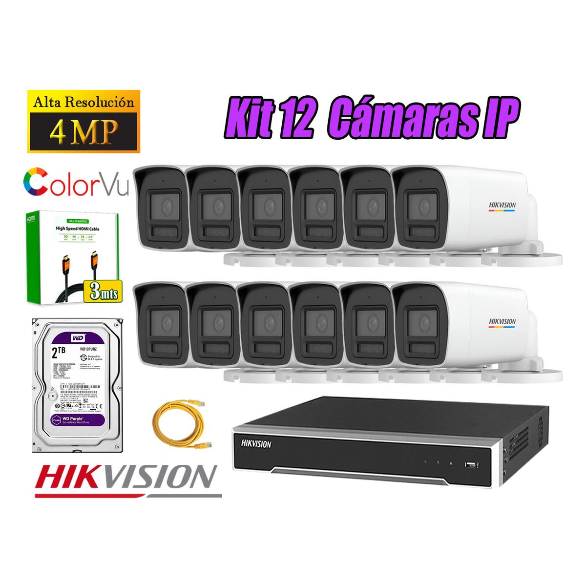 HIKVISION - Kit 12 Cámara Seguridad Hikvision IP POE 4MP Color Vu Tubo Visión Color Disco 2TB