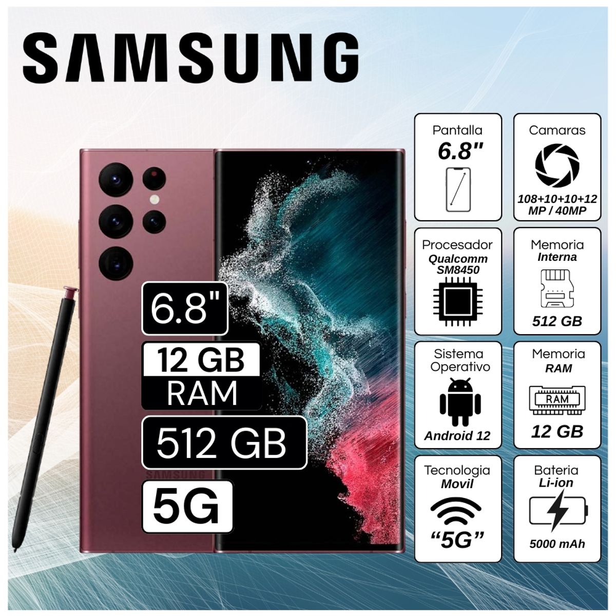 SAMSUNG - Celular Samsung Galaxy S22 Ultra 5G 6.8"  Pulg. 12GB RAM 512GB Android 12 - Borgoña