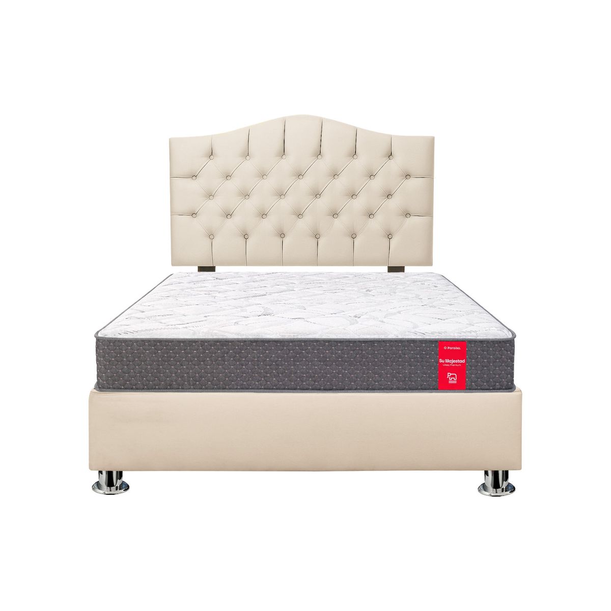 MUEBLES MACRUMO - Combo Cama tapizada Varsovia 15P+Colchon Majestic Paraíso+Almohada - Beige claro