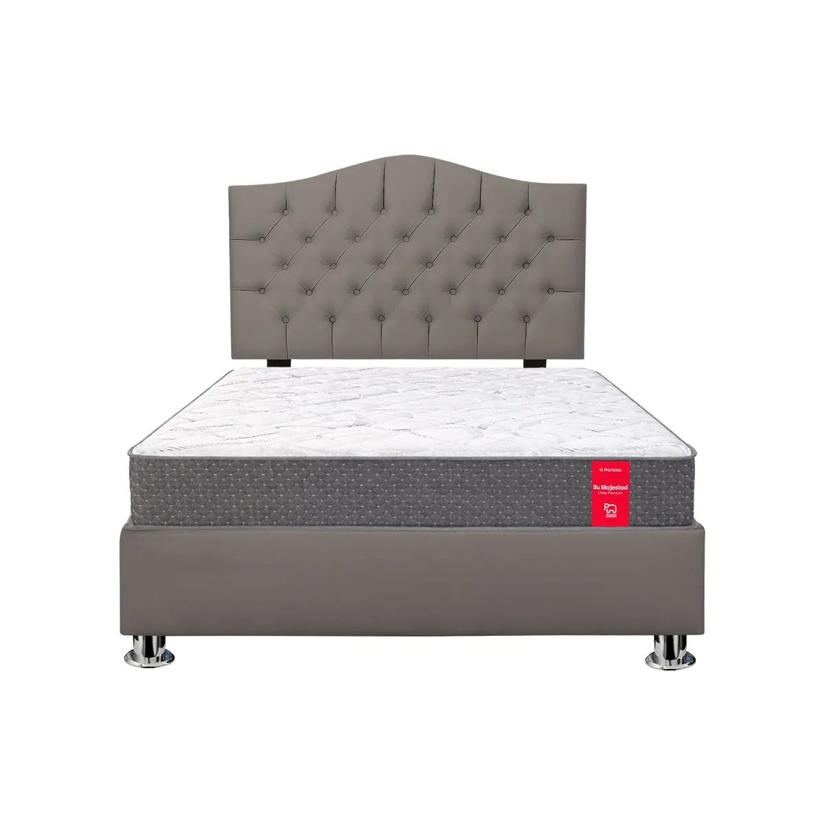 MUEBLES MACRUMO - Combo Cama tapizada Varsovia 15P+Colchon Majestic Paraíso+Almohada - Beige oscuro