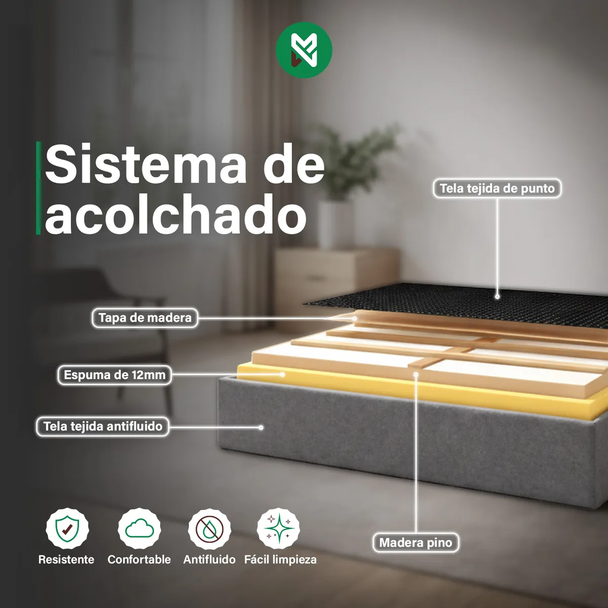 MUEBLES MACRUMO - Combo Cama tapizada Varsovia 15P+Colchon Majestic Paraíso+Almohada - Beige oscuro