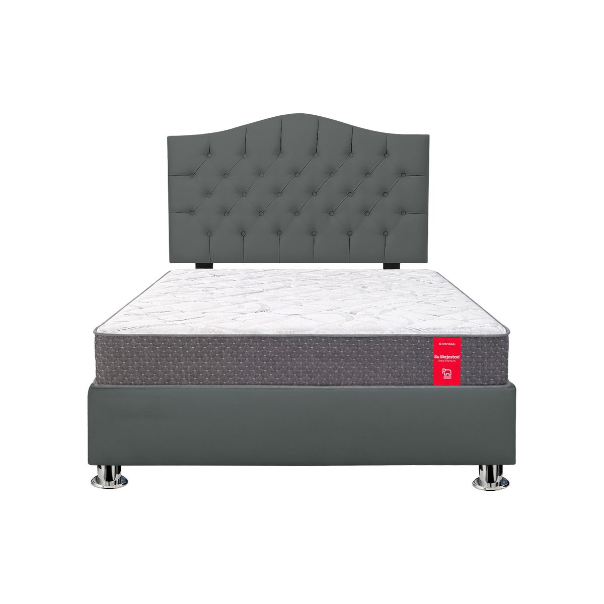 MUEBLES MACRUMO - Combo Cama tapizada Varsovia 15P+Colchon Majestic Paraíso+Almohada - Gris Oscuro
