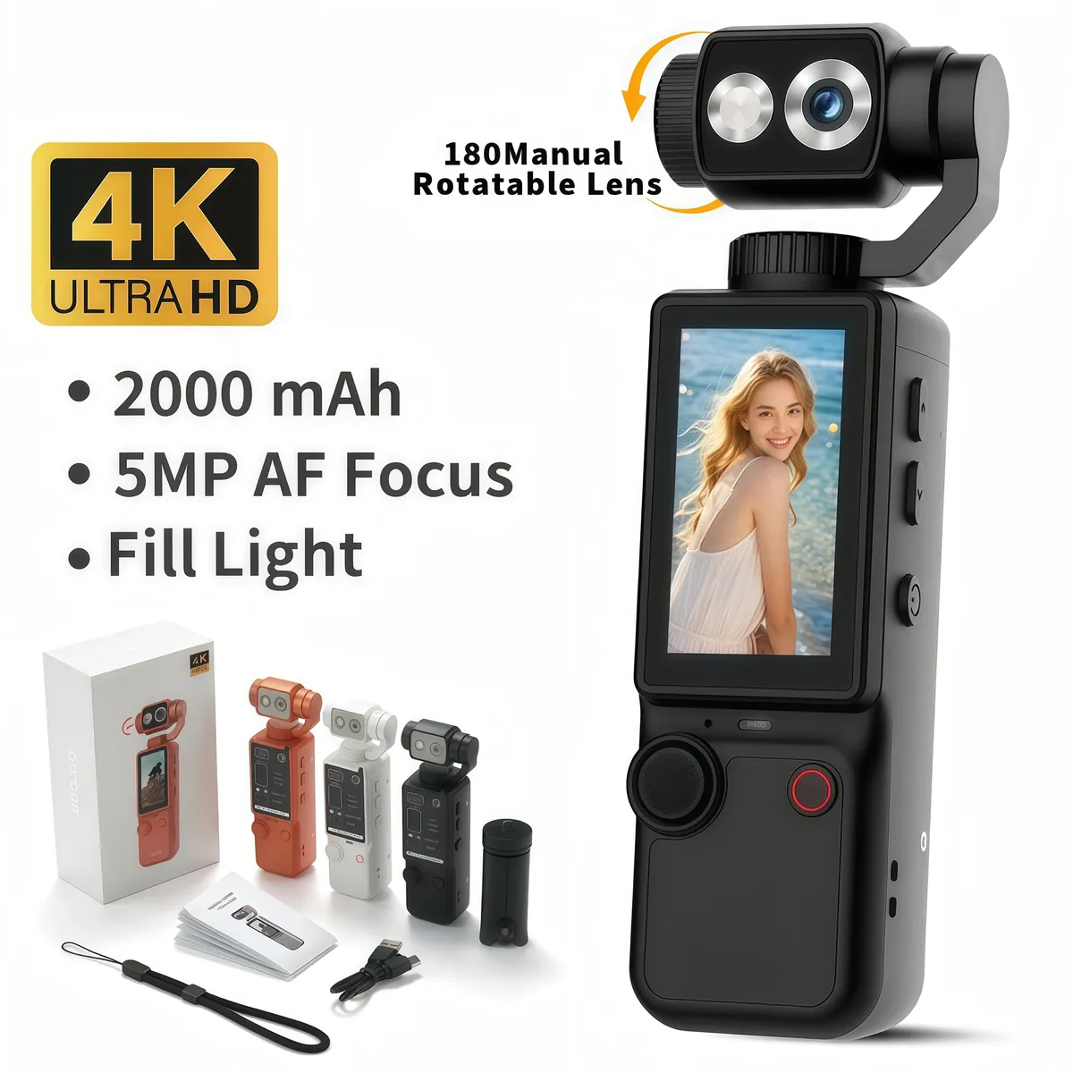 RENVMEXY - Cámara de mano 4K  Lente gira 180°  Luz relleno  500MP  32GB + trípode  Para Vlogs